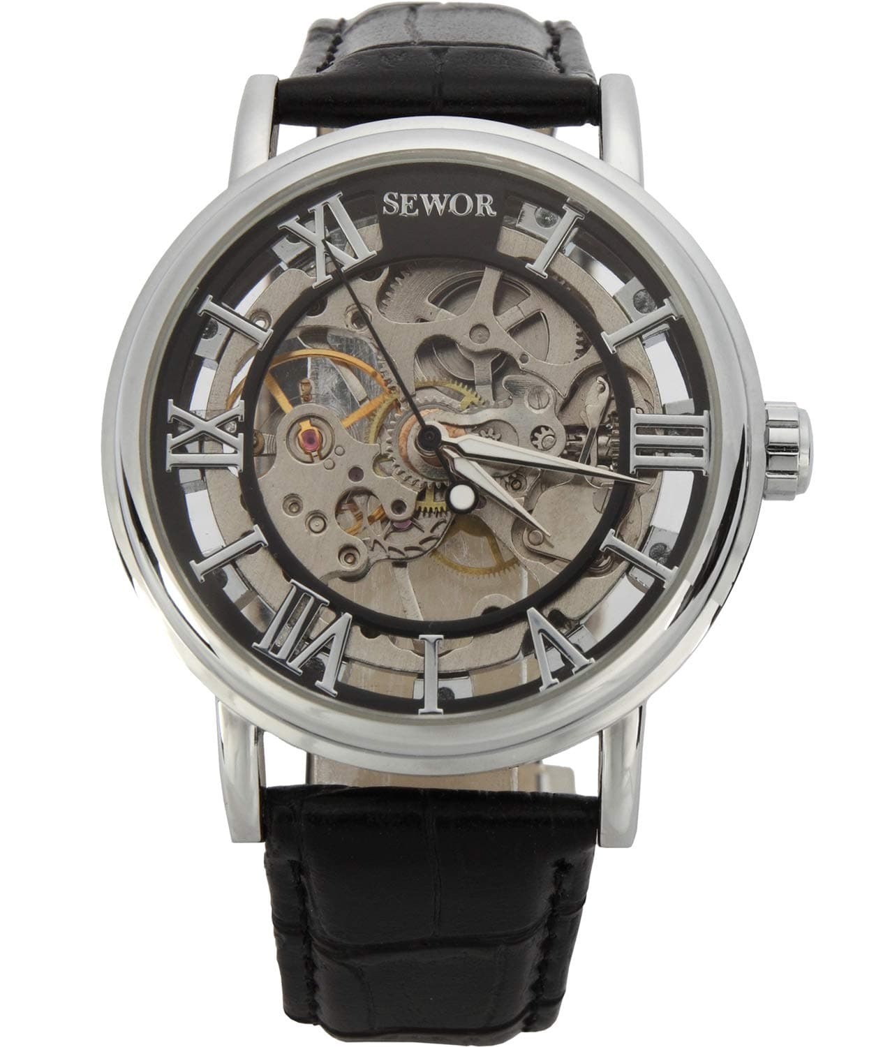 SEWOR Men's Mechanical Skeleton Transparent Vintage Style Leather Wrist Watch