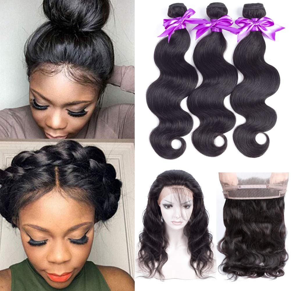 Snow Hair 360 Lace Frontal with Bundles (16 18 20 +14) Brazilian Body Wave Bundles with 360 Frontal Closure 100% Unprocessed Brazilian Virgin Hair 3 Bundles with Closure Natural Black Color
