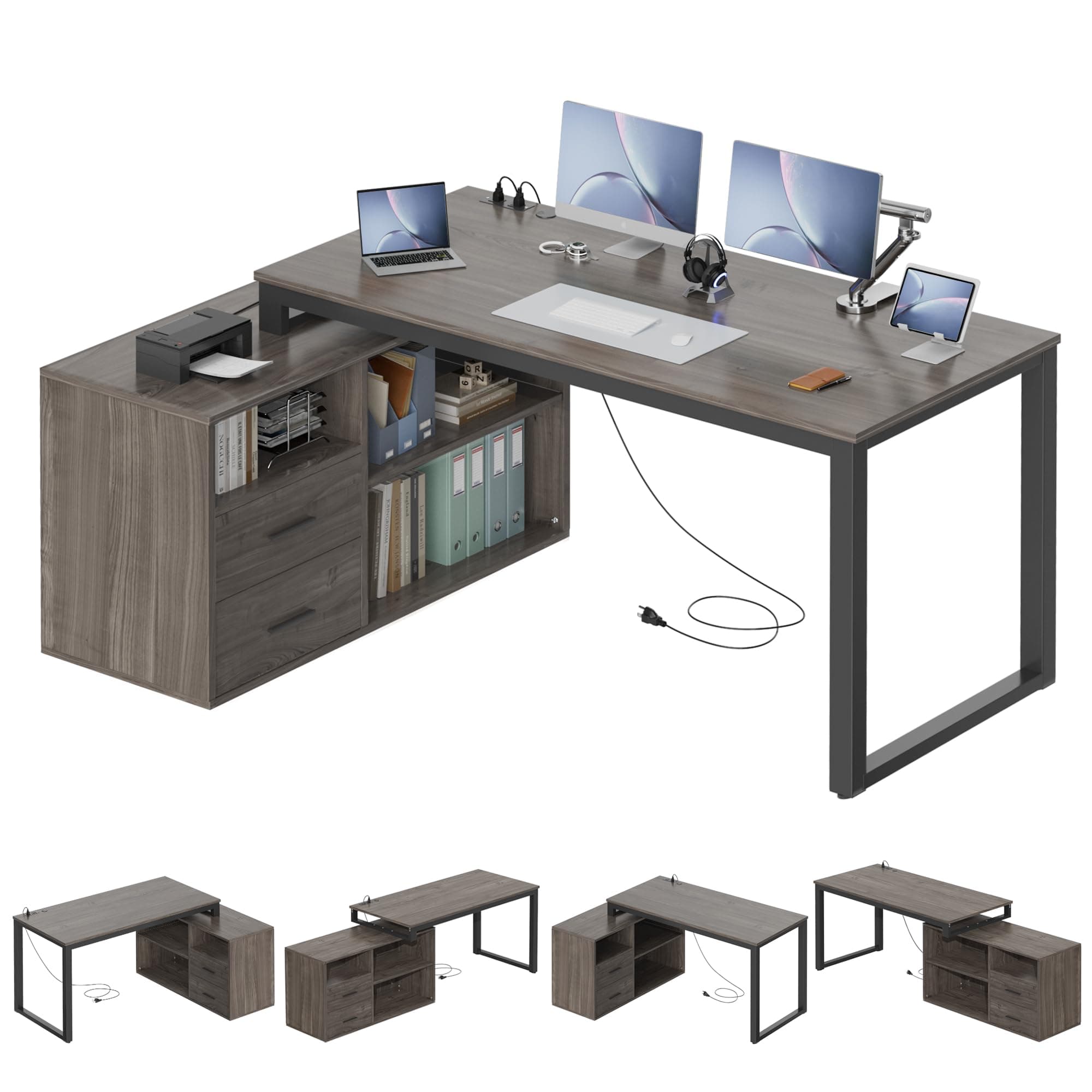 ShahooL-Shaped Desk with File Cabinet & Power Outlet, 55 Inch Large Computer Corner Table with Drawers and Storage Shelves for Home Office, Grey