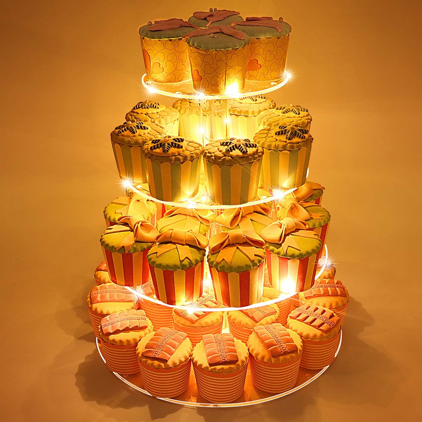 4 Tier Round Acrylic Cupcake Stand,Clear Cake Dessert Display Stand with LED String Lights, Wedding Party Tree Tower Stand