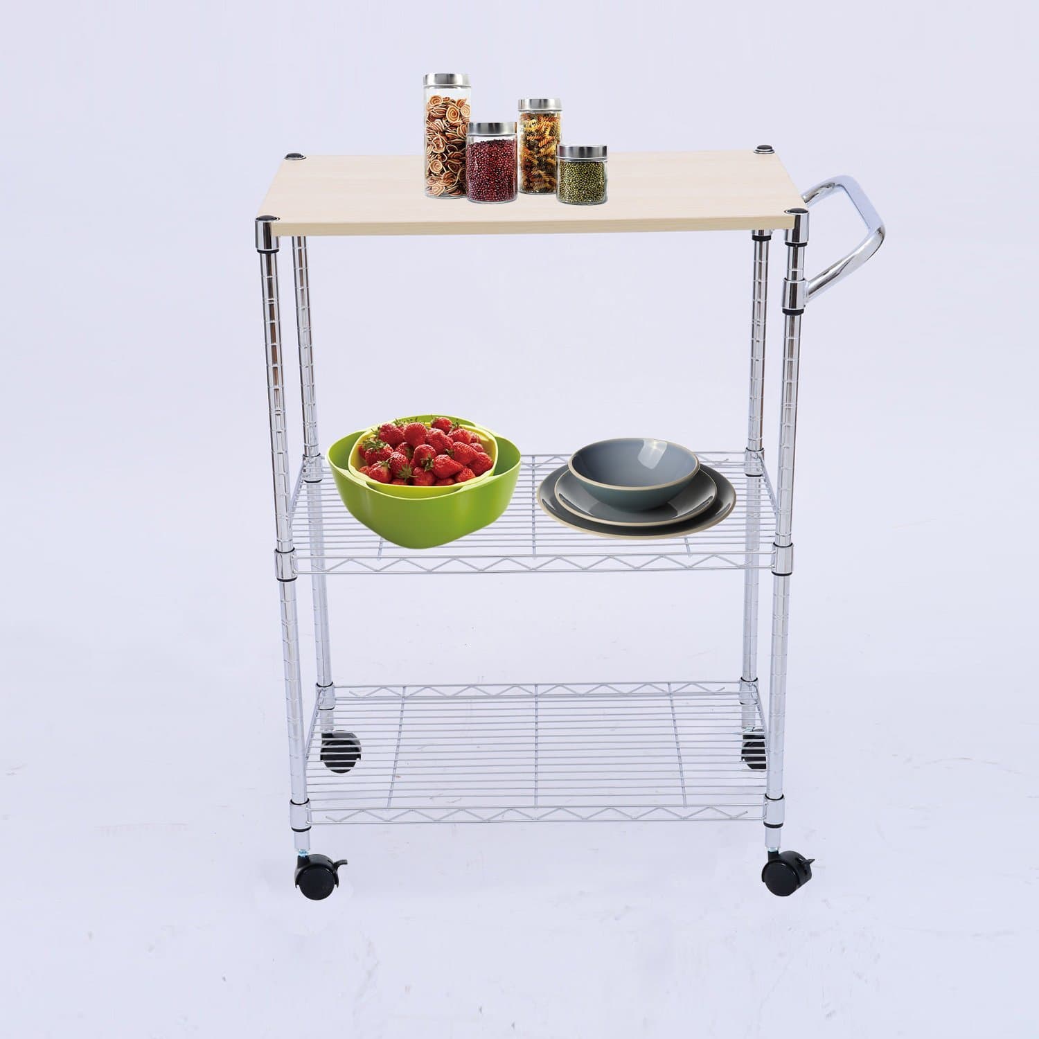 24" Chrome Kitchen Cart Metal Utility Island 3 Tier Rolling Kitchen Trolley Cart Wood Top Kitchen Storage Trolley w/Cutting Board