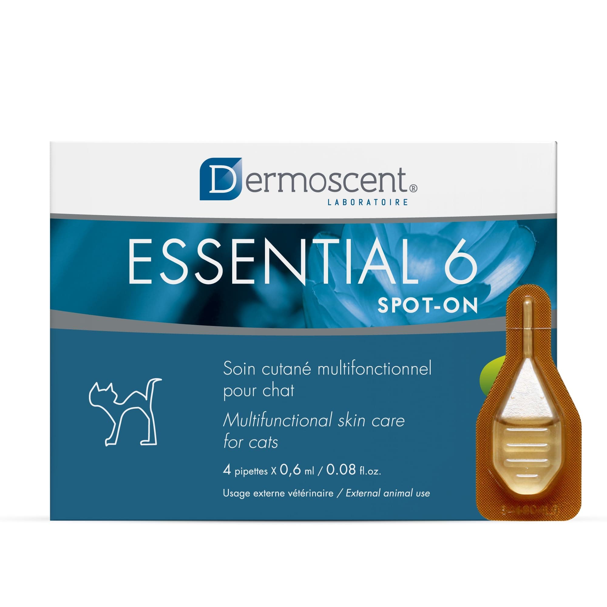 Dermoscent | Essential 6 spot-on for Cats | Skin Care for Dandruff Dry or Oily Skin & Hair Loss | Natural Essential Oils & Fatty Acids | for a Healthy Skin & Coat | 4 Pipettes of 0.6 ml / 0.08 fl. oz