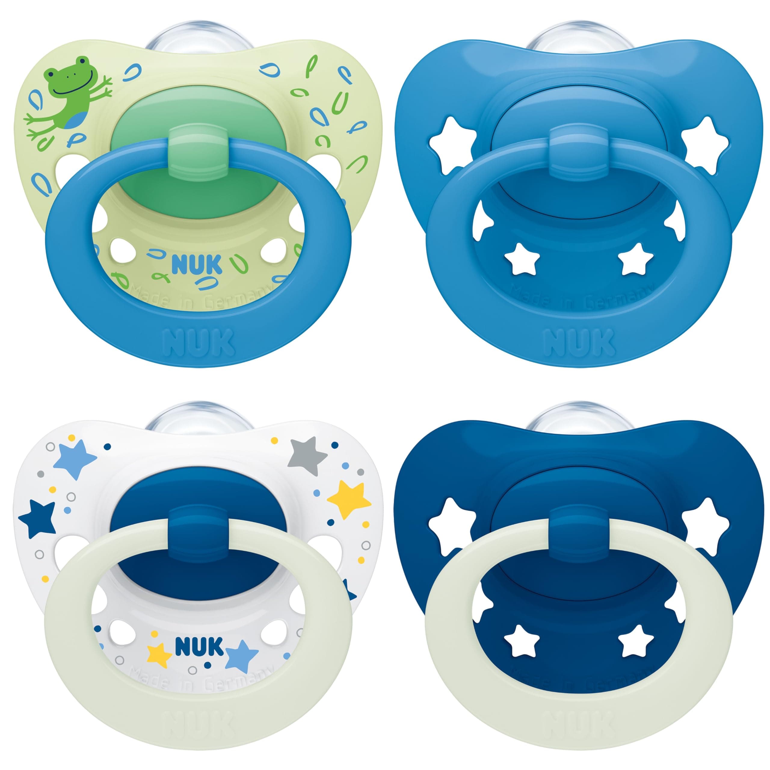 NUK Signature Day & Night Baby Pacifier | 18-36 Months | Soothes 95% of Babies | BPA Free Silicone Heart Shaped Pacifier | Glow in the Dark | Stars | Pack of 4