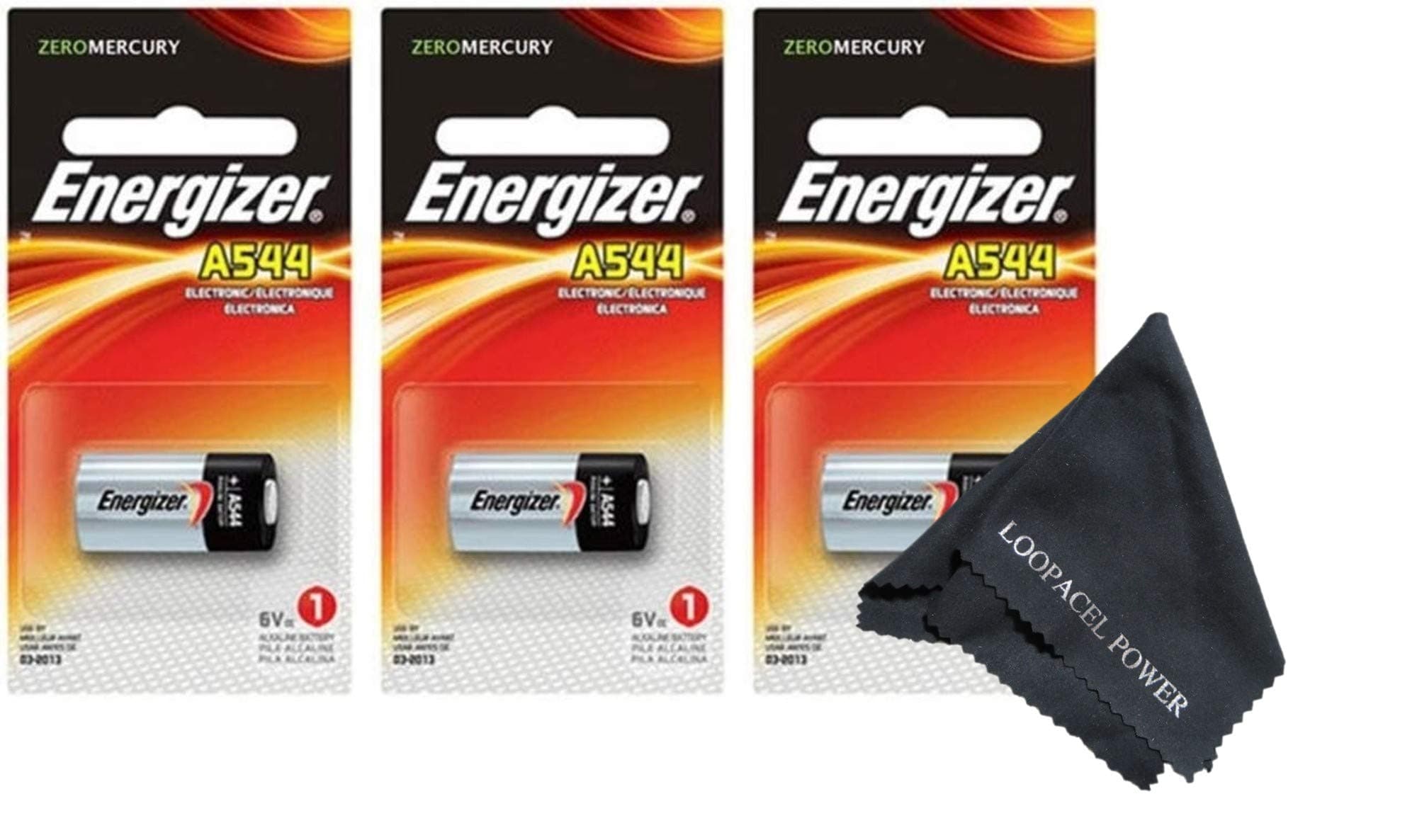 My Battery Supplier Energizer A544 6-Volt Photo Battery 3 Pack with Cloth - with Loopacell Brand Microfiber Cleaning Cloth Ultra Smooth, Colors May Vary