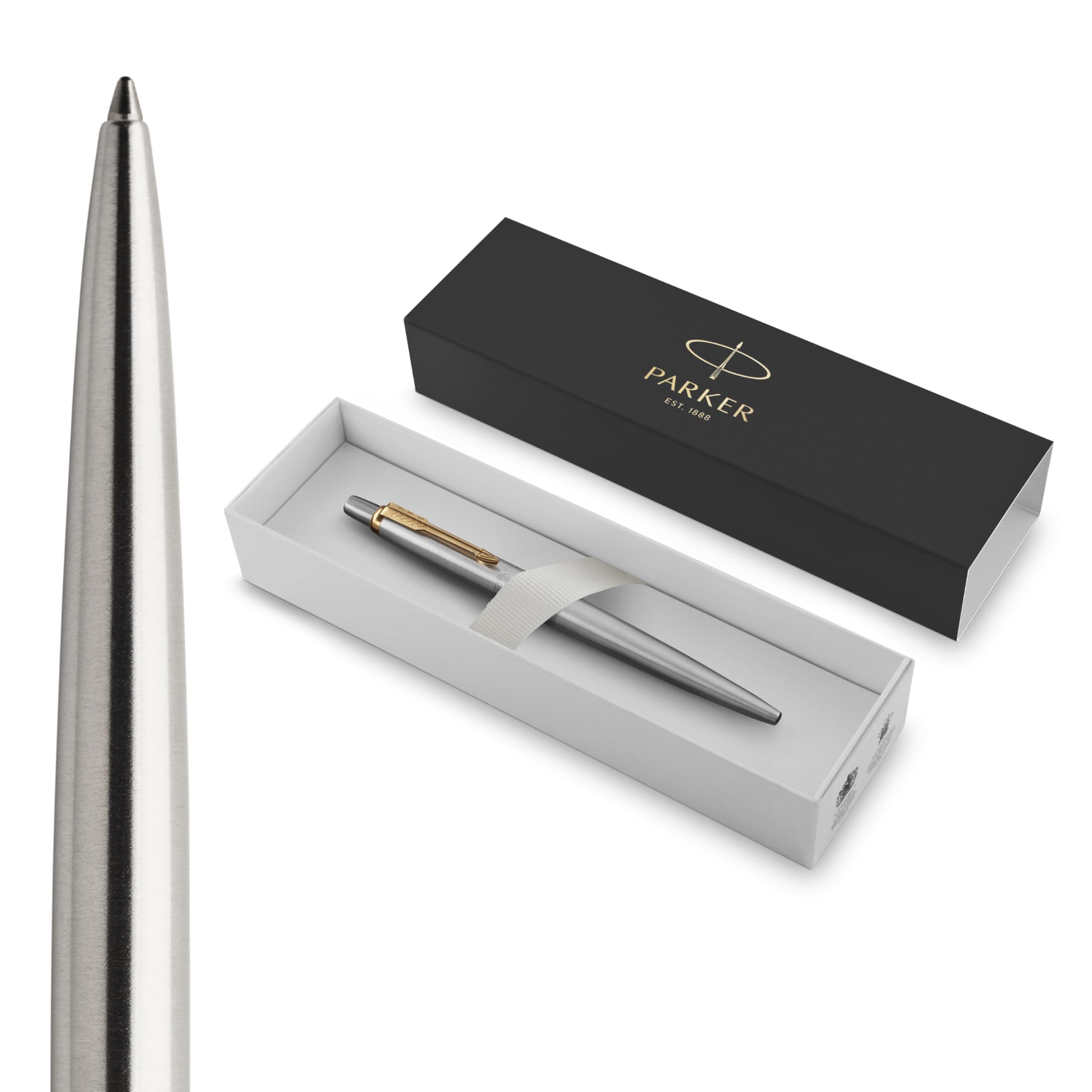 Parker Jotter Ballpoint Pen, Stainless Steel with Golden Trim, Medium Point, Blue Ink, Gift Box - Smooth Writing, Sleek, Polished, Professional, Desk Essentials