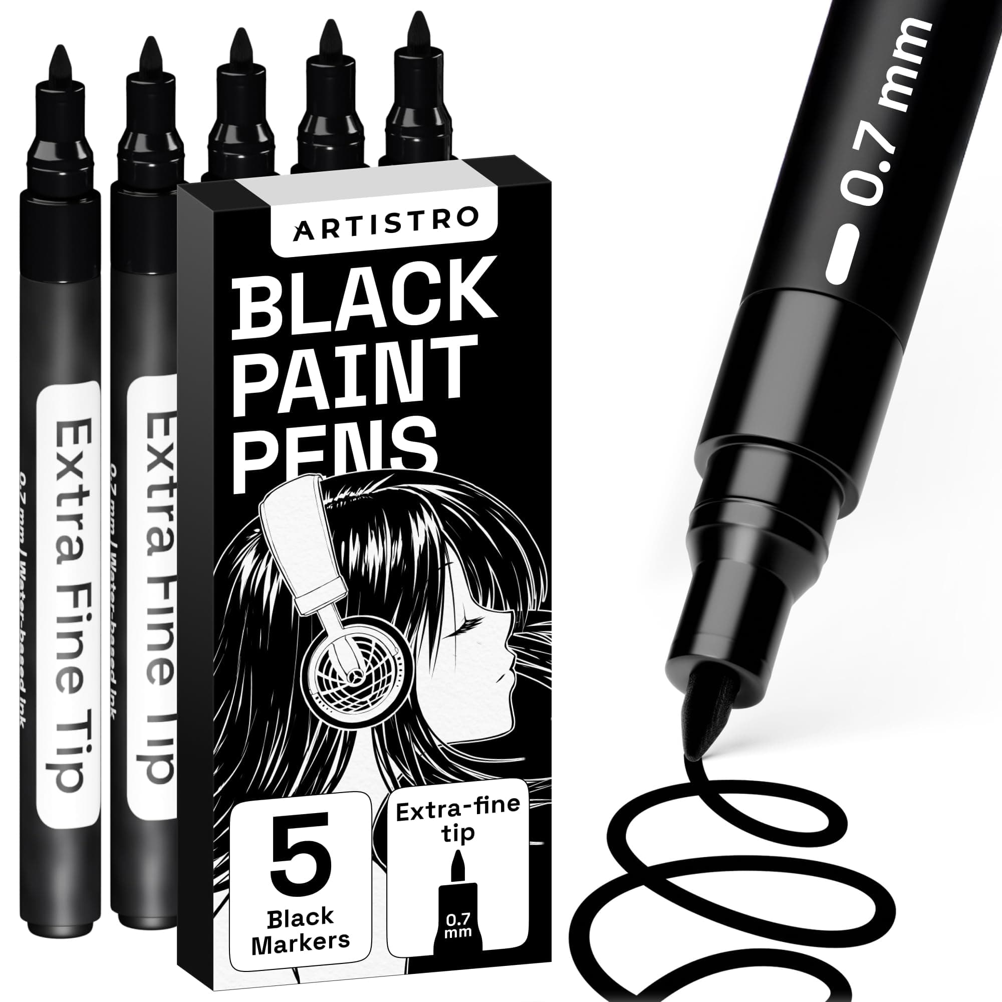 5 Black Acrylic Paint Pens for Rock Painting, Stone, Ceramic, Glass, Wood, Tire, Fabric, Metal, Canvas - Set of 5 Paint Markers, Water-Based - Extra-Fine Tip