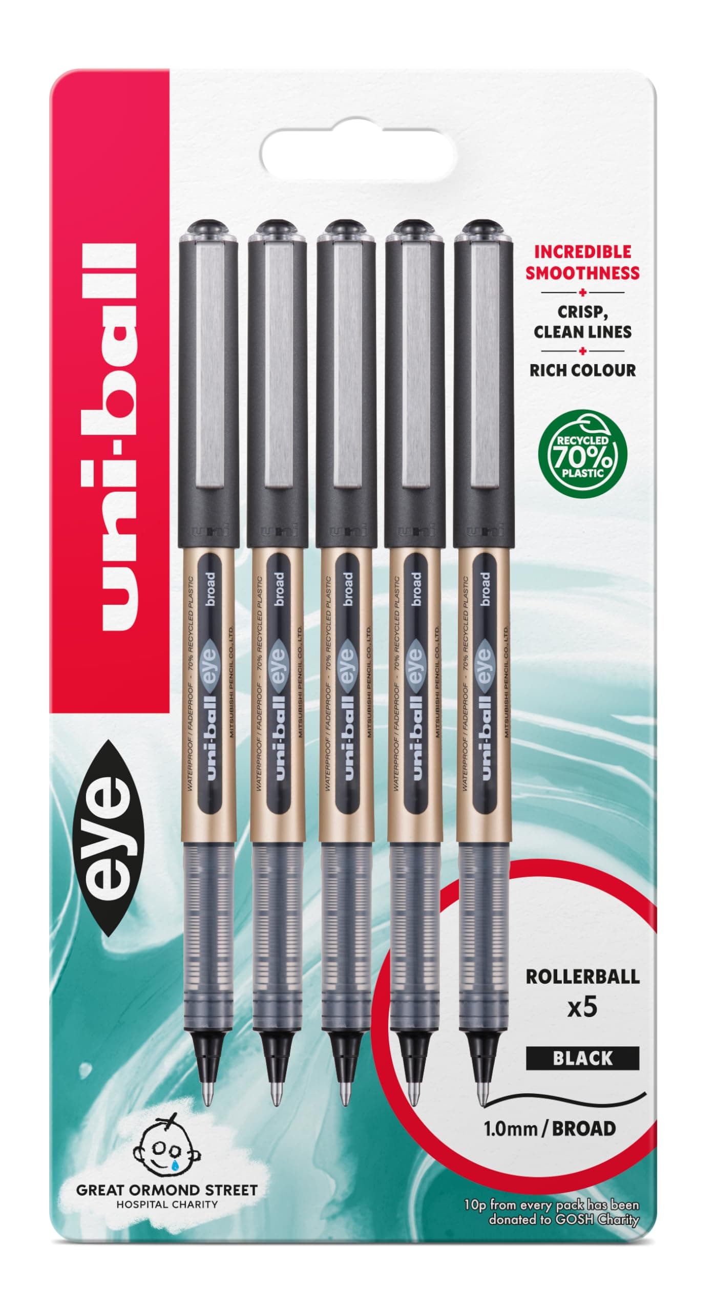 uni-ball UB-150-10 Eye Rollerball Pens. Premium Broad 1.0mm Ballpoint Tip for Super Smooth Handwriting, Drawing, Art, Crafts and Colouring. Fade and Water Resistant Liquid Uni Super Ink. 5 Pack Black