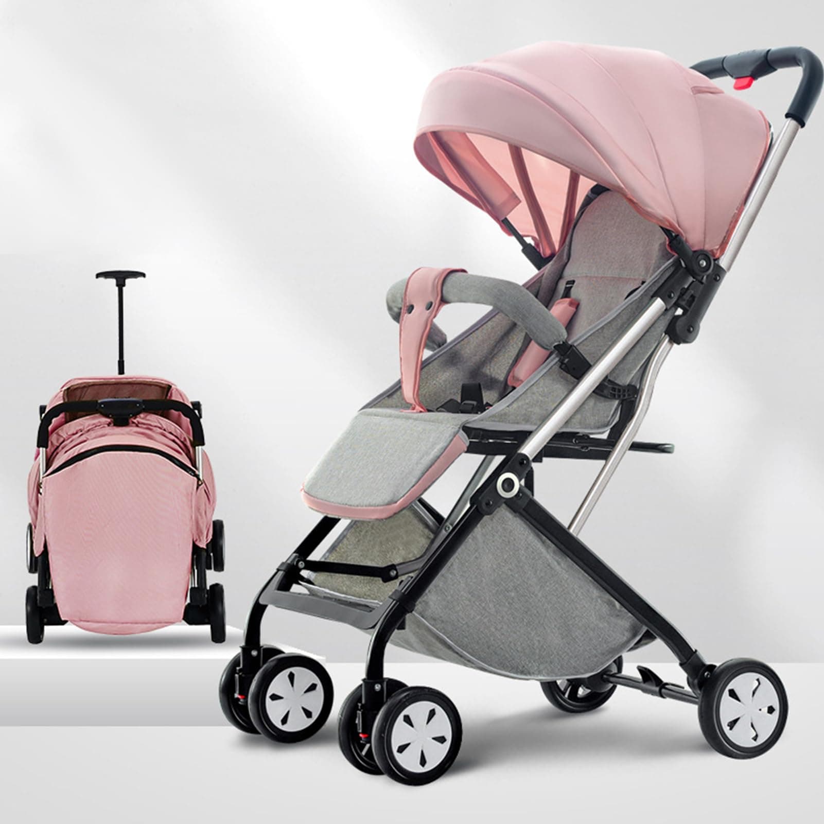 DAYONG Trolley Baby Stroller, One-Hand Foldable Cabin Stroller, Lightweight Baby Travel Gear, Compact Toddler Pram Stroller, Four-Wheel Shock-Absorbing Infant Carriage for 0-3yrs (Pink)