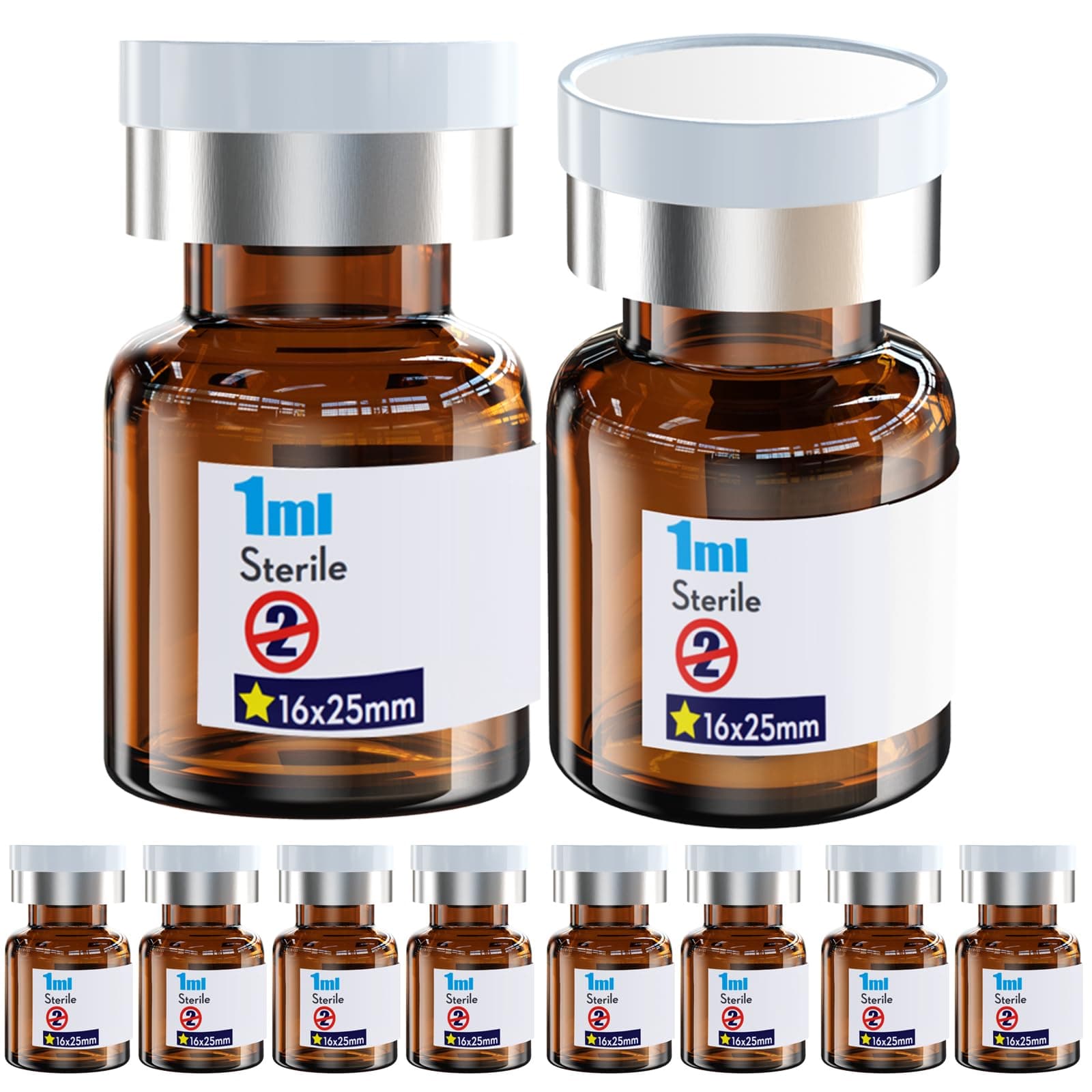 Ks-Tek Sterile Empty Vials with Self Healing Injection Port,with Aluminum plastic Cap,Sterile Package (10, 1ml Amber)