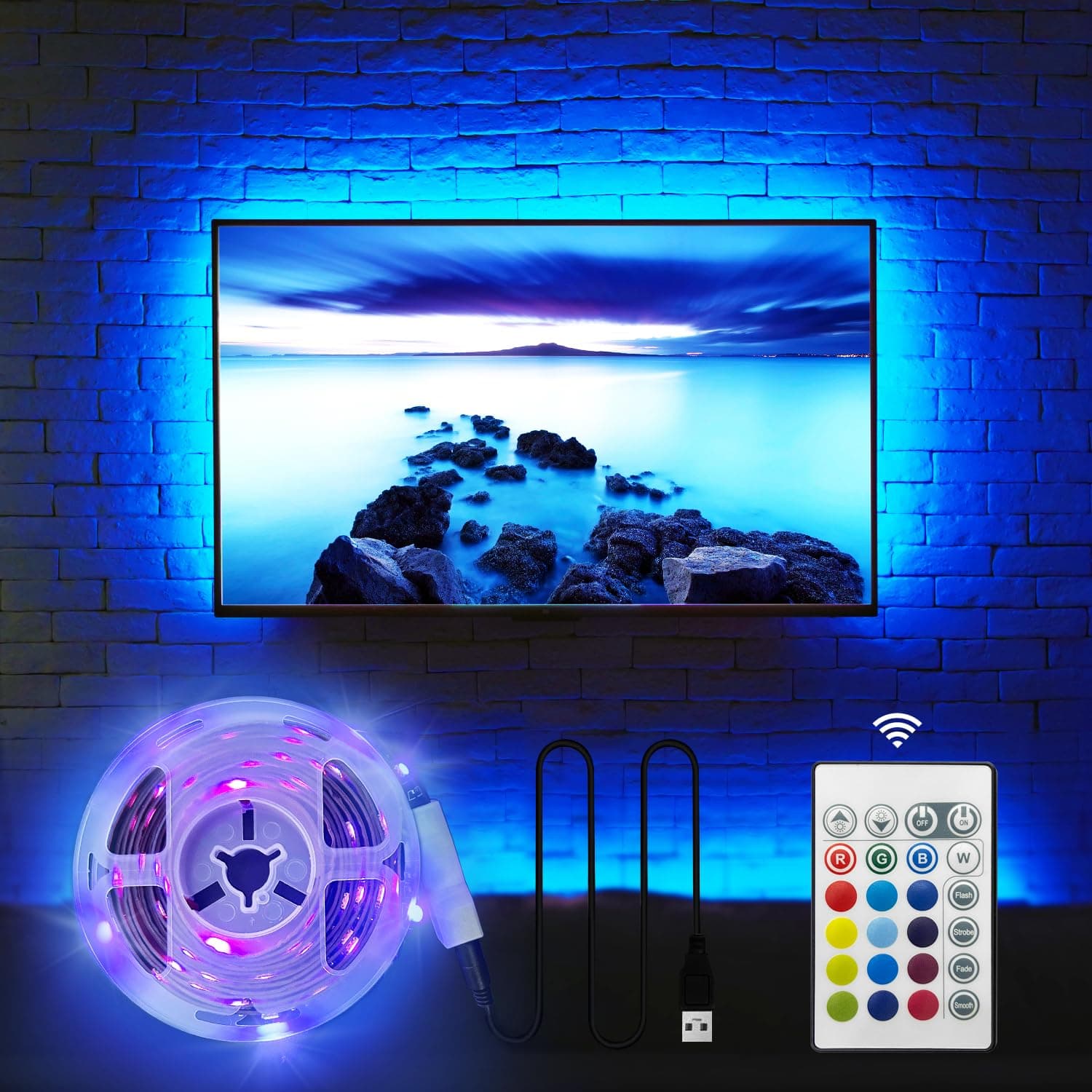 TV LED Backlight for 32-60 Inch, 8.2Ft LED Strip Lights W-Shape Easy-Curve Design, Syn on/Off with TV, 16 Colors Changing TV Back Lights Bias Lighting, Under TV Stand, Soundbar, PC