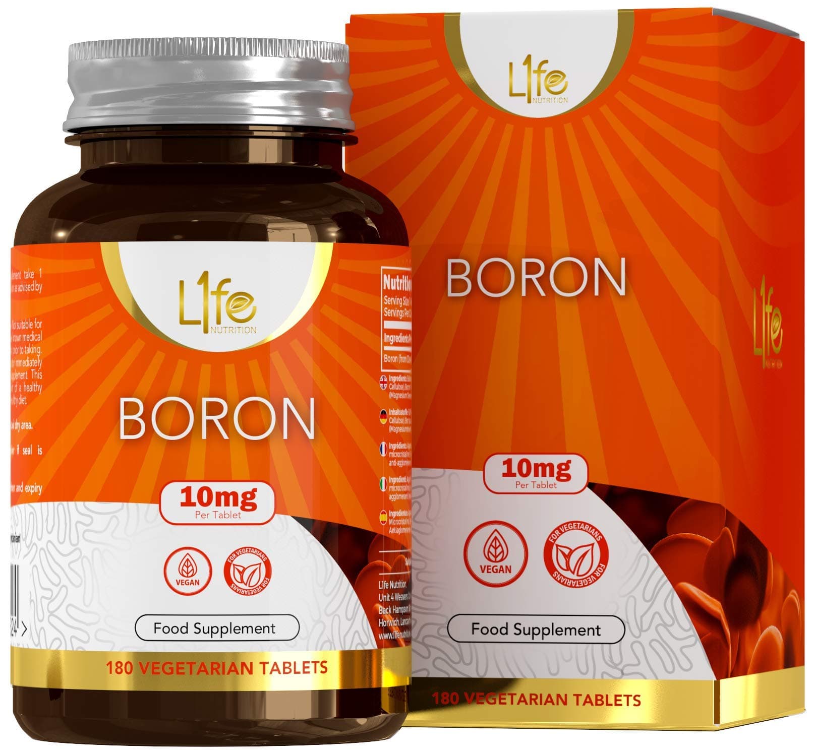 LN Boron Supplements | 180 High Strength Vegan Boron Tablets - 10mg Supplement per Capsule | Non-GMO, Gluten, Dairy & Allergen Free | Manufactured in The UK