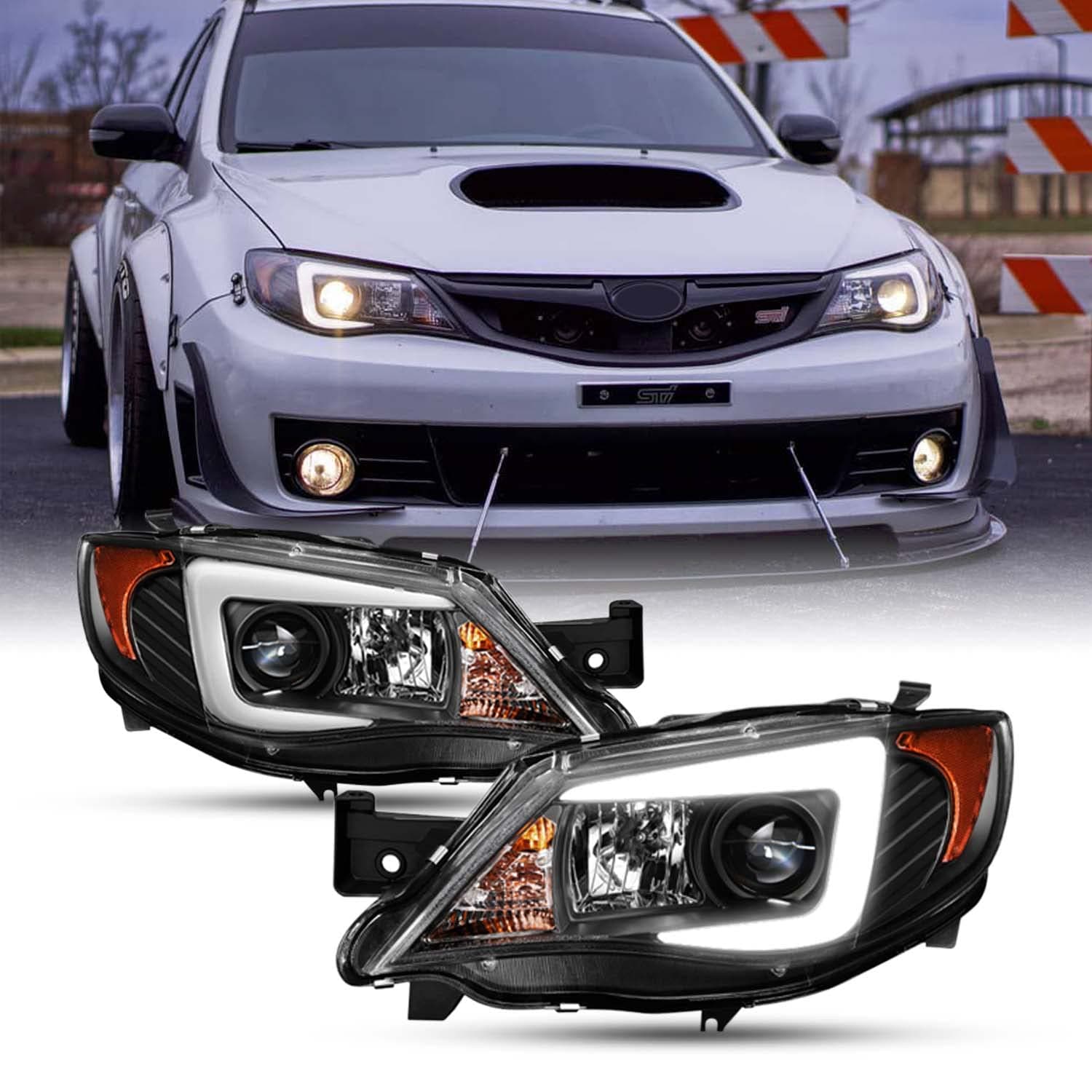 AKKON - For 2008-2014 Subaru Impreza WRX STI [HID Type] LED DRL Tube Black Bazel Projector Headlights LH+RH Pair