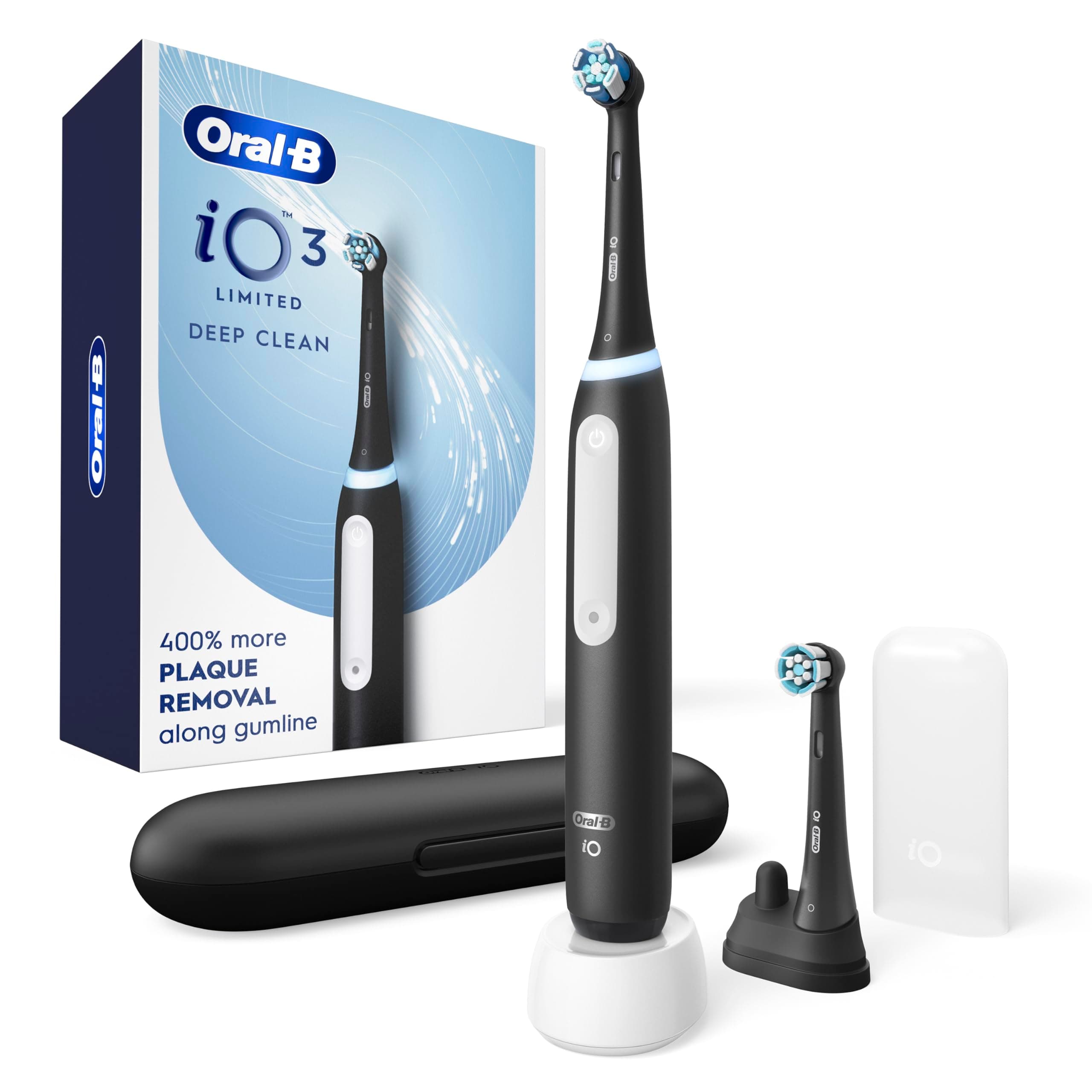 Rechargeable Electric Toothbrush, iO3 Limited Deep Clean, 3 Cleaning Modes, Visual Pressure Sensor to Protect Gums, 2 Brush Heads, Travel Case, Black