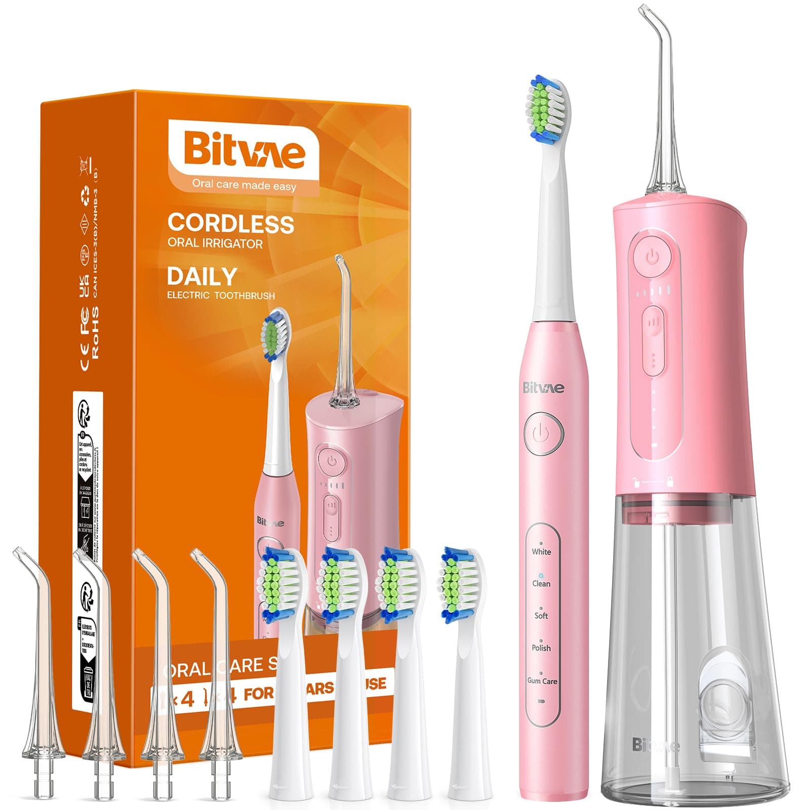 Water Dental Flosser Teeth Picks - Cordless Portable Oral Irrigator, 5 Modes Sonic Electric Toothbrush with 3 Modes & 5 intensities Water Teeth Cleaner Combo, Quartz Pink