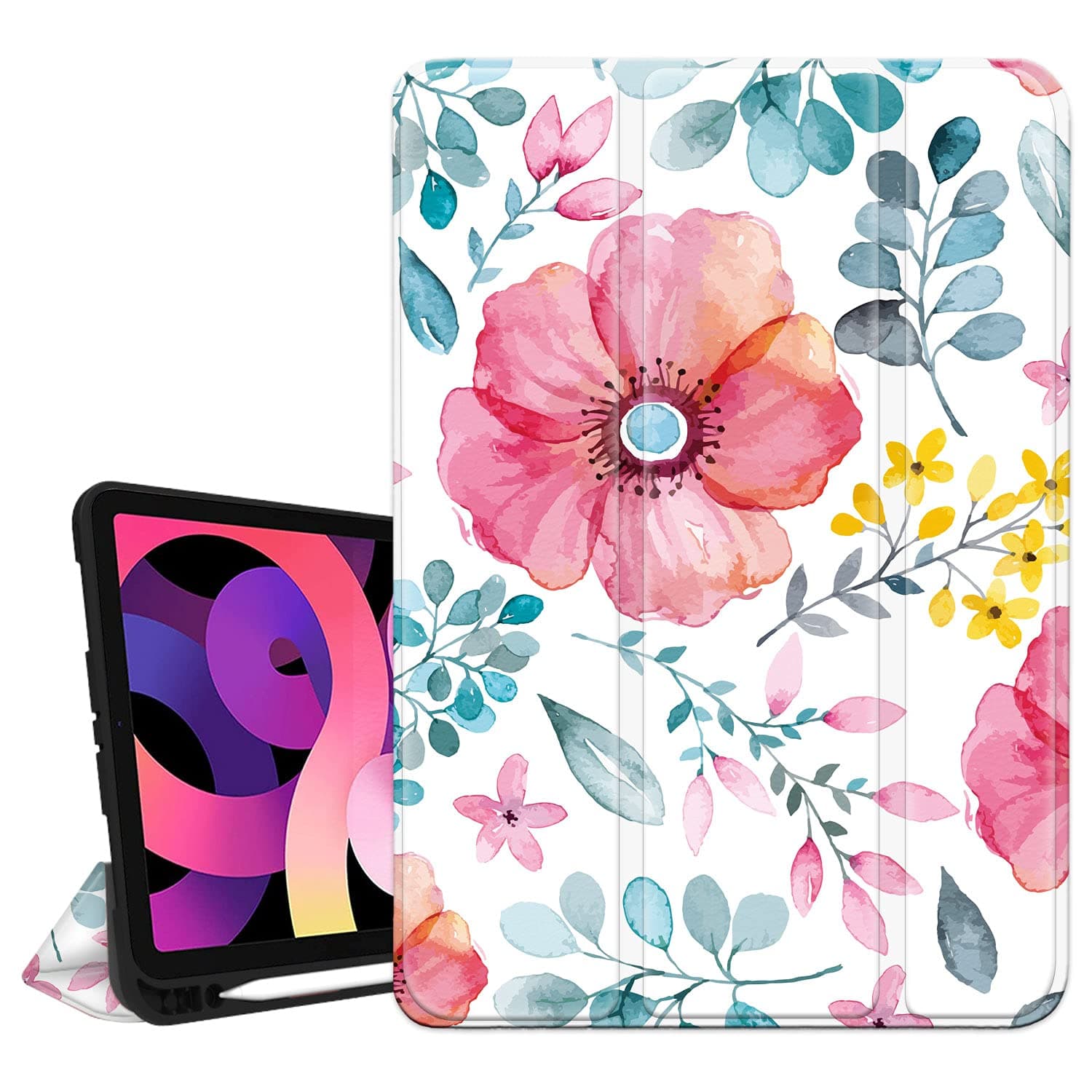 Hepix iPad Air 5th 4th Generation Case with Pencil Holder 2022 2020, iPad 10.9 Case inch Pink Flower Watercolor Floral iPad Air 5 Case Stand Slim Trifold Protective Shockproof Cover Auto Sleep Wake