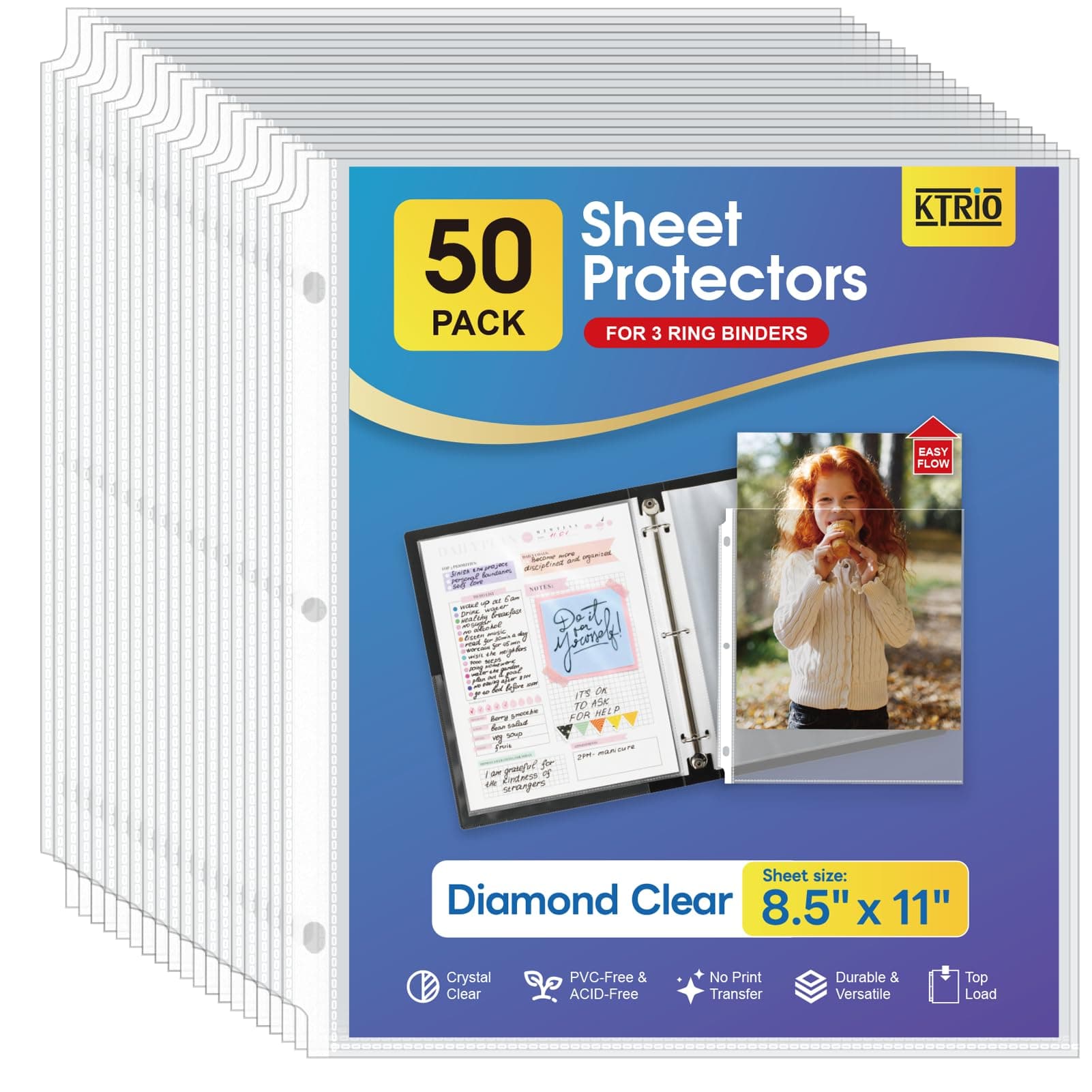 Ktrio Sheet Protectors 8.5 x 11 Inches Clear Page Protectors for 3 Ring Binder, Plastic Sleeves for Binders, Top Loading Paper Protector Acid Free Letter Size, 50 Pack