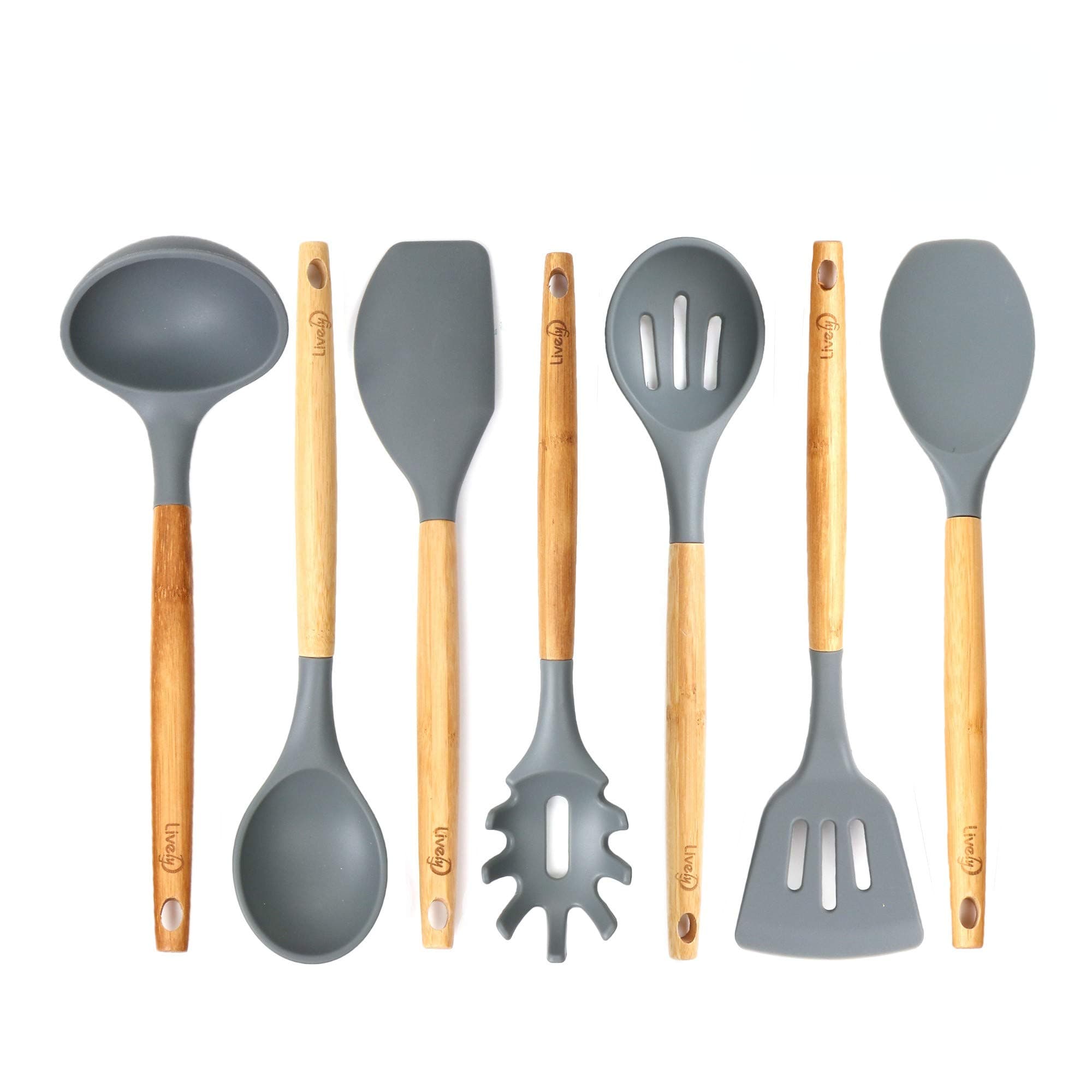 Lively Home Goods 7-Piece Premium Silicone Kitchen Cooking Utensils Set with Natural Bamboo Handles - Cooking Tool and Kitchen Gadget Set for Nonstick Cookware - Grey