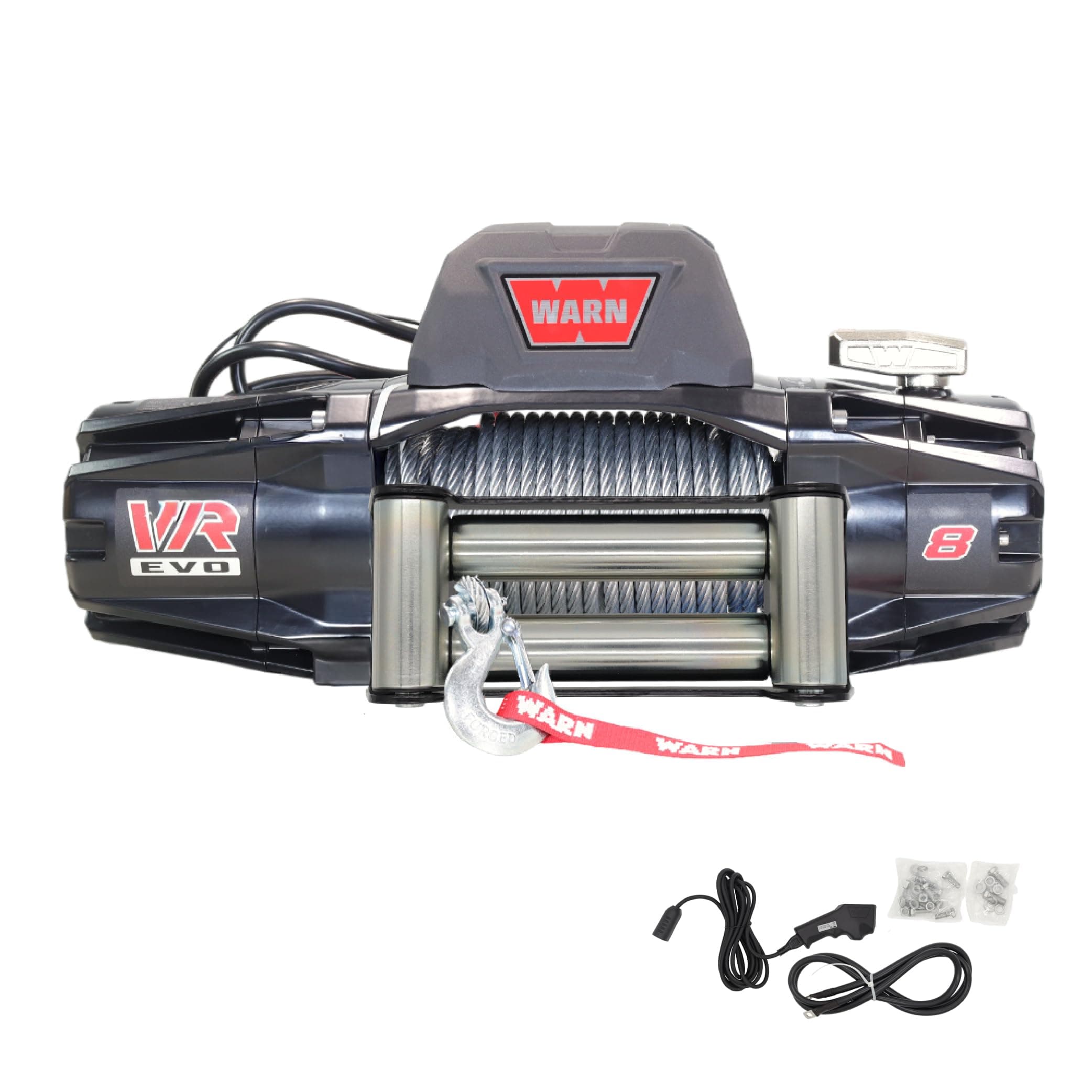 VR EVO 8 Standard Duty Electric Winch for 2-Door Jeeps and Lighter SUVs, 12V DC, 8,000 lb Line Pull, 90 ft Steel Cable with Roller Fairlead, IP68 Waterproof, Series-Wound Motor.