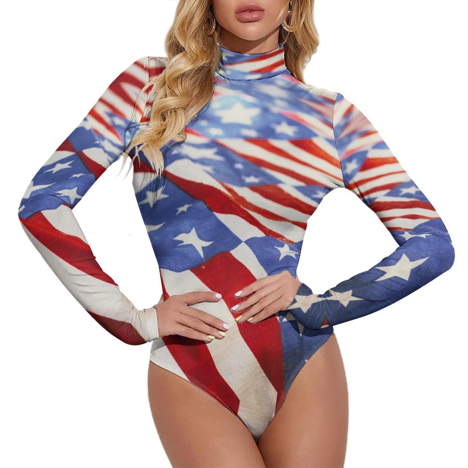 TAIZIYEAH American Flag Women's Mock Turtle Neck Long Sleeve Tops Bodysuit Jumpsuit 2XL