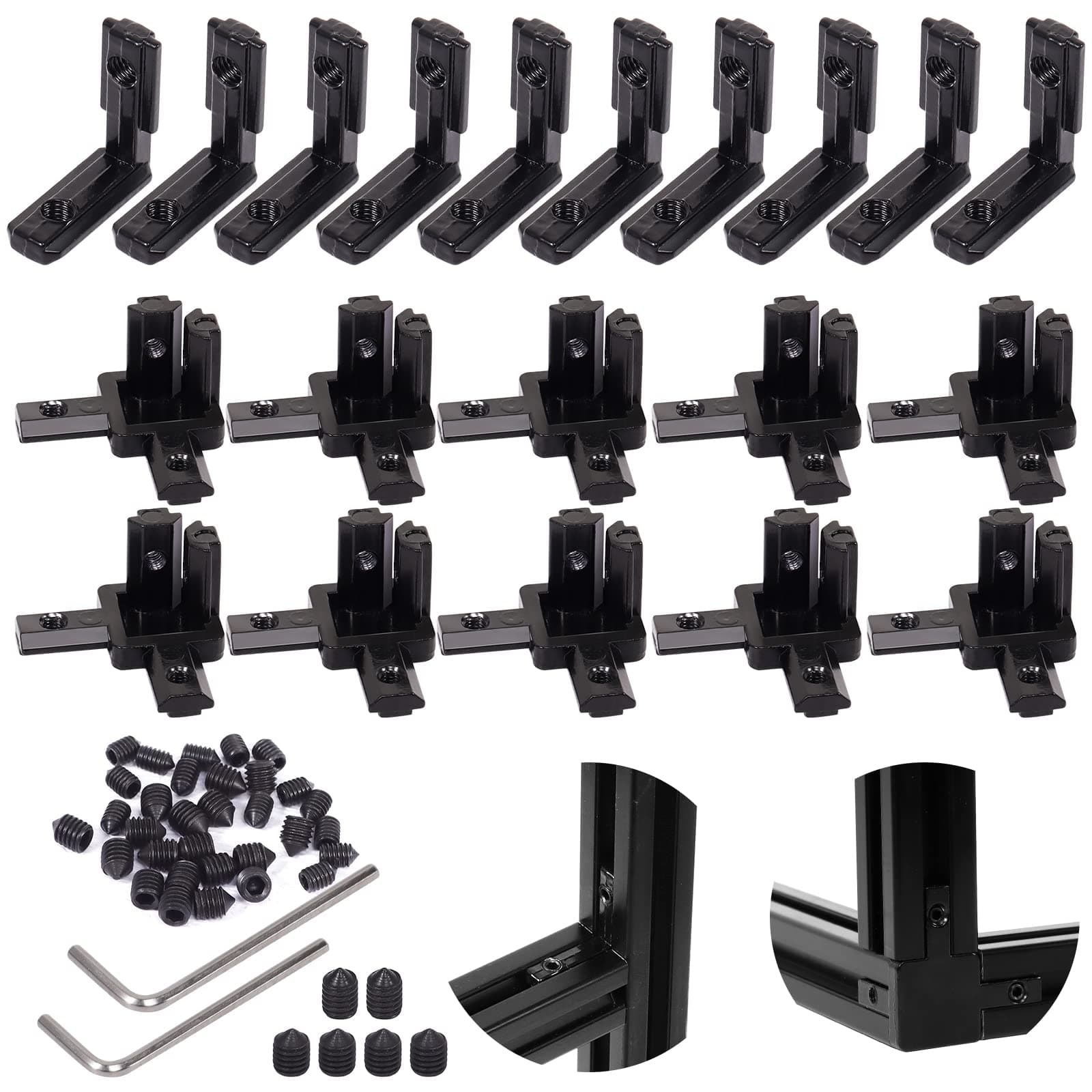 20Pcs 2020 Aluminum Extrusion Connectors 3-Way End Corner Bracket Connector Black T Slot L-Shape Interior Corner Joint Bracket for Aluminum Extrusion Profile Slot Connector Set 6mm with Screws&Wrench
