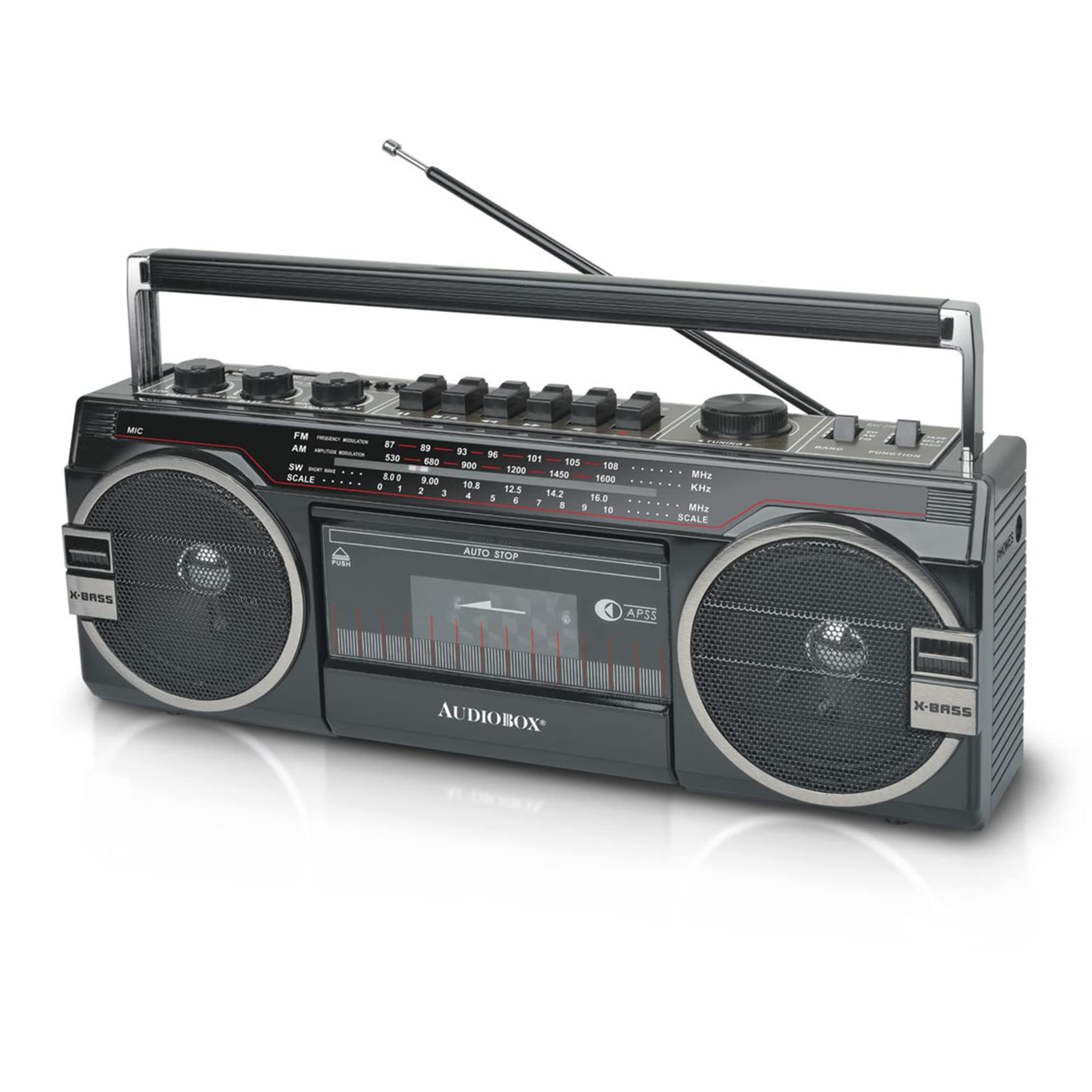 RXC-25BT Retrobox 2 Way Speaker System Boombox w/Bluetooth Connectivity, AM/FM/SW, USB and SD Card Connection, & Cassette Player, Black