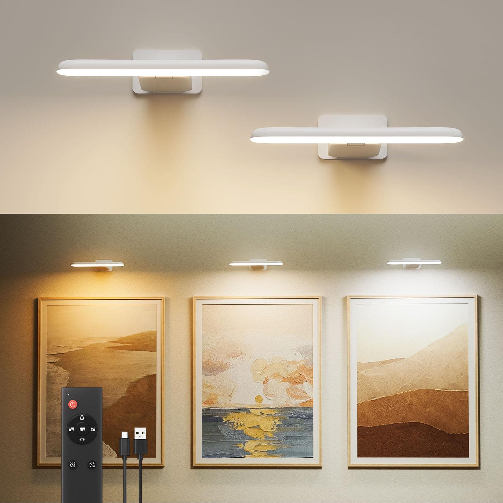 FULEN Picture Lights Battery Operated, Rechargeable Picture Frame Lights for Wall, LED Cordless Wall Lights for Arts,Paintings,Gallery&Dartboard,3 Color Temperatures, Remote Control,White,2 Pack