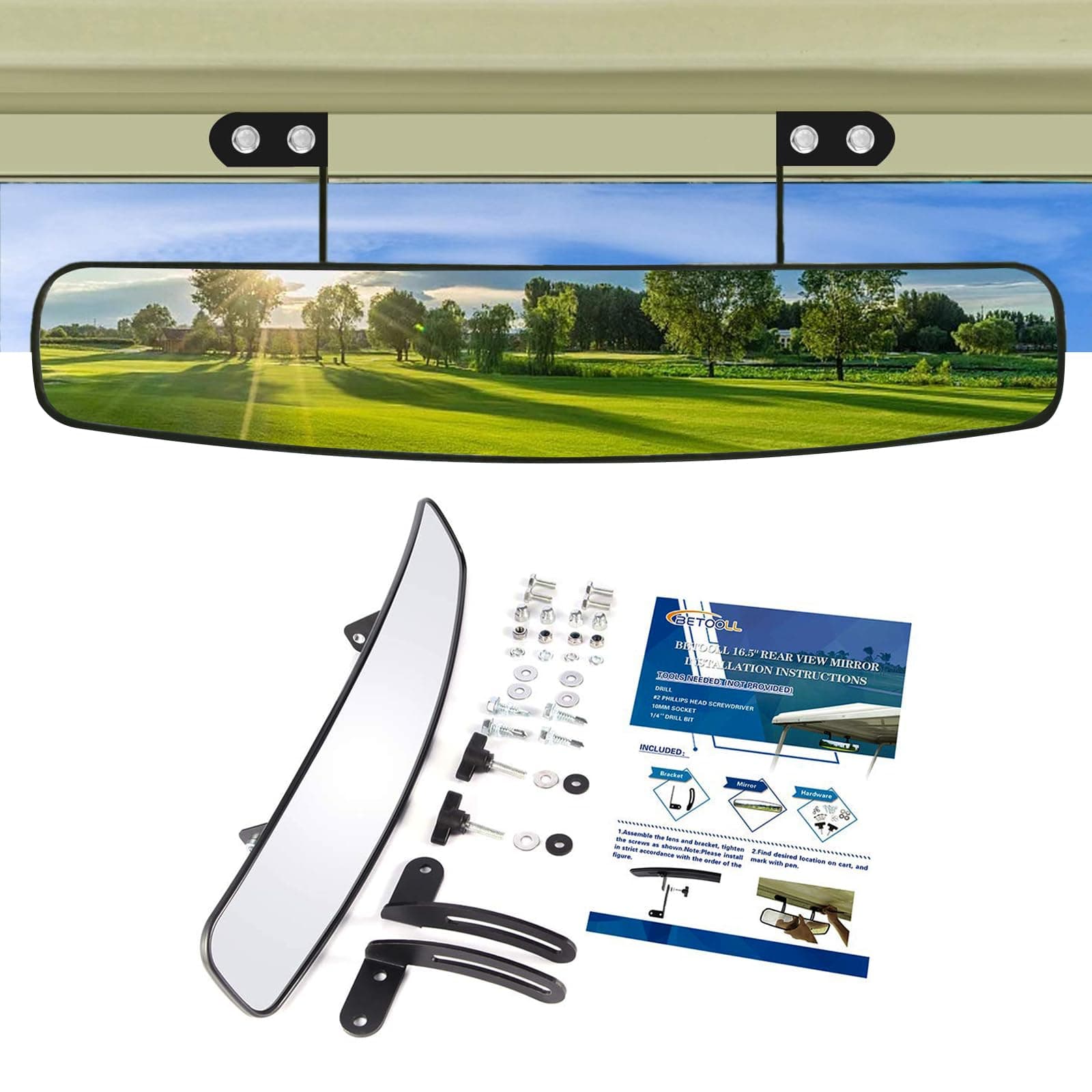 BETOOLL 16.5" Wide Rear View Convex Golf Cart Mirror