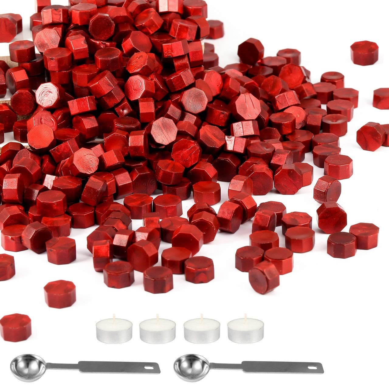 Mornajina 360 Pieces Metallic Red Sealing Wax Beads, Octagon Wax Seal Beads Kits for Wax Seal Stamp, with 2 Wax Sealing Stamp Melting Spoons and 4 Candles
