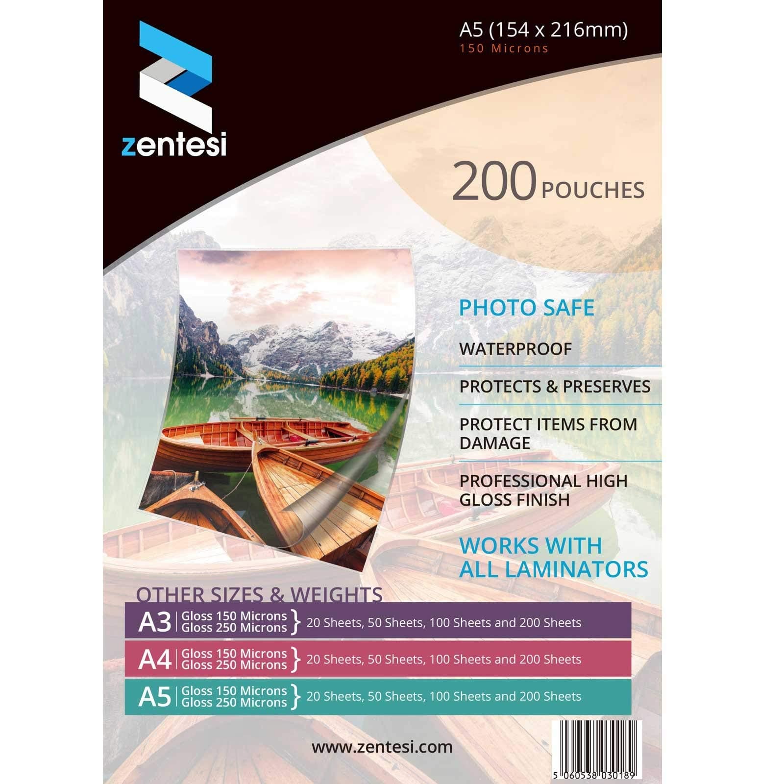 Zentesi A5 Laminating Pouches High Gloss Laminator Sleeves 150 Micron (75 + 75 Microns) Glossy Laminate Pouch Sheets - Pack of 200