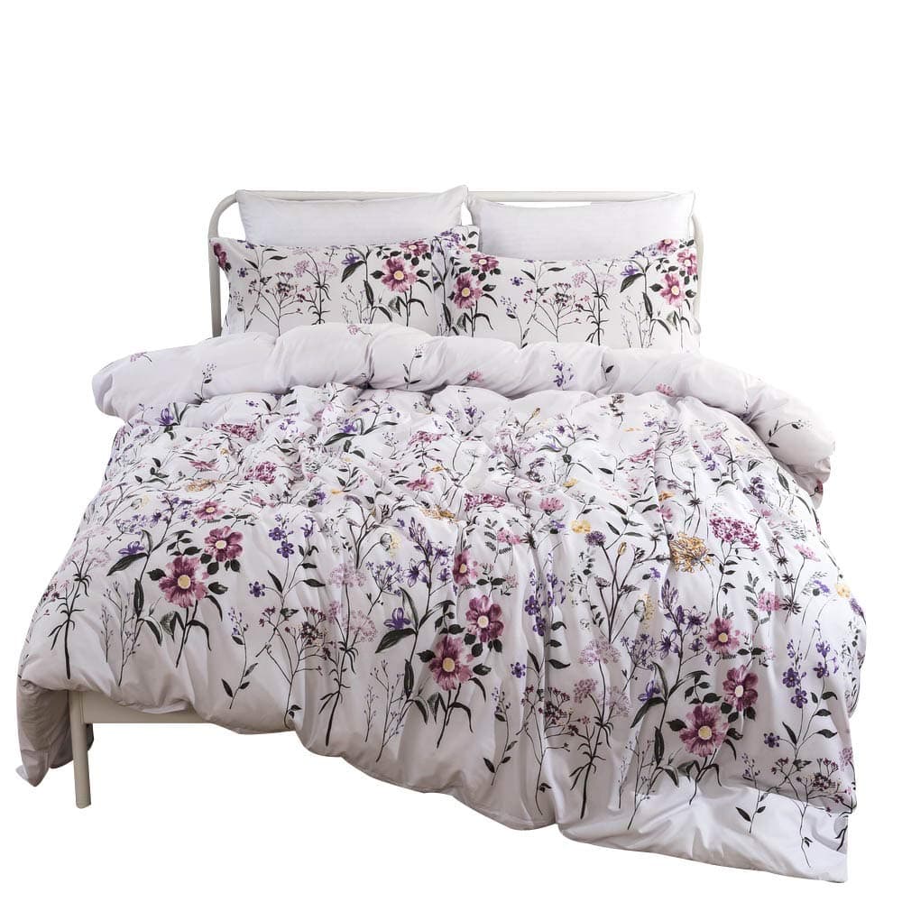 Loussiesd 3 Pieces Duvet Cover Set Microfiber Polyester King Size Colorful Farmhouse Plants Flowers Print Bedding Sets - 1 Duvet Cover 2 Pillowcases, Soft Floral Quilt Cover Set
