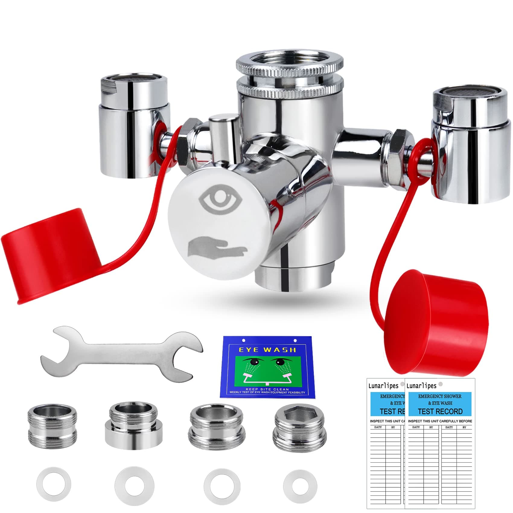 Faucet Mounted Eyewash Station Kit, Emergency Eye Wash Unit, OSHA Approved First Aid Eye Flush Kit, 1x Eyewash Station, 4X Adapters, 2X Inspection Tags, 1x Emergency Eye Wash Station Sign