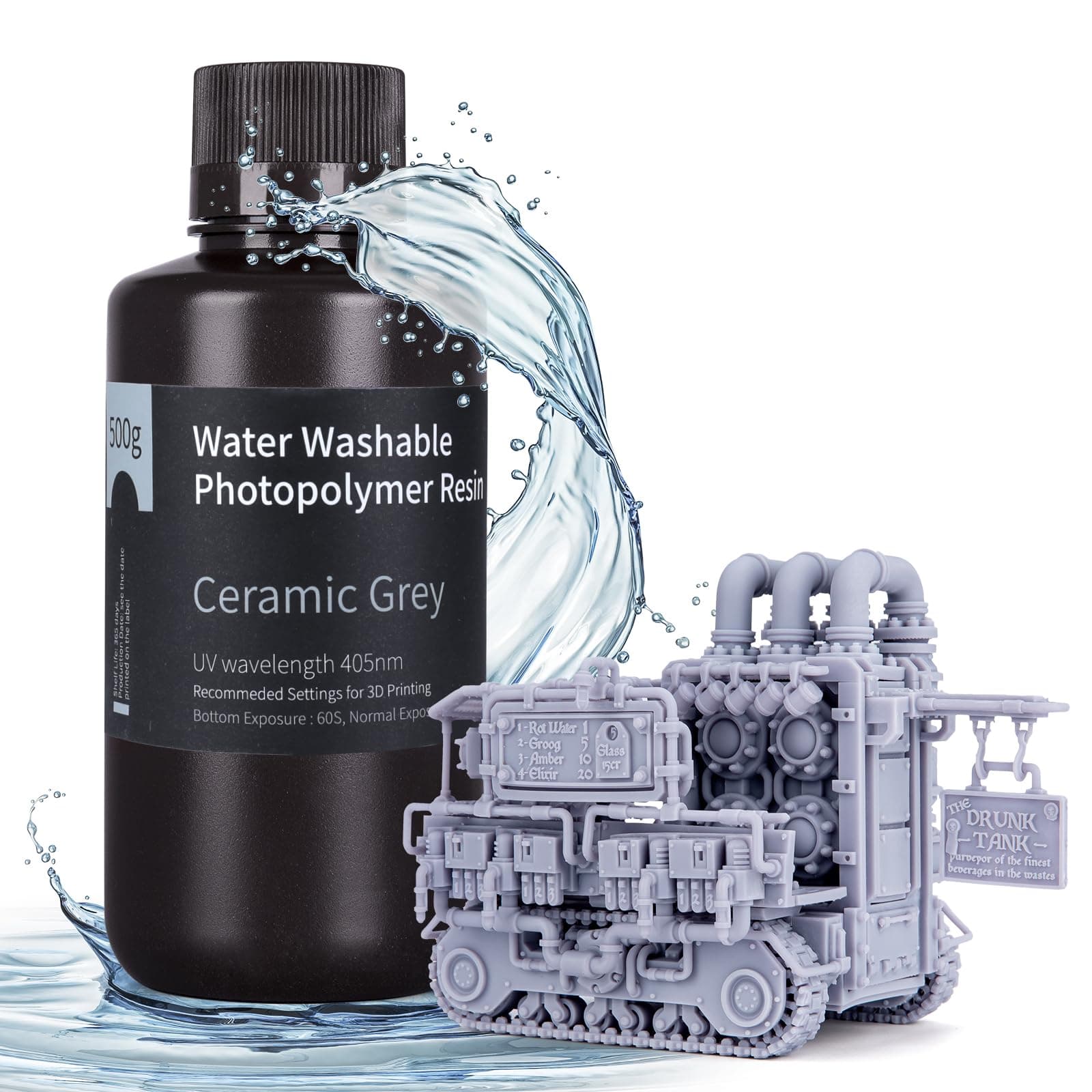 ELEGOO Water Washable 3D Printer Resin LCD UV-Curing Resin 405nm Standard Photopolymer Resin for LCD 3D Printing 500Gram Ceramic Grey