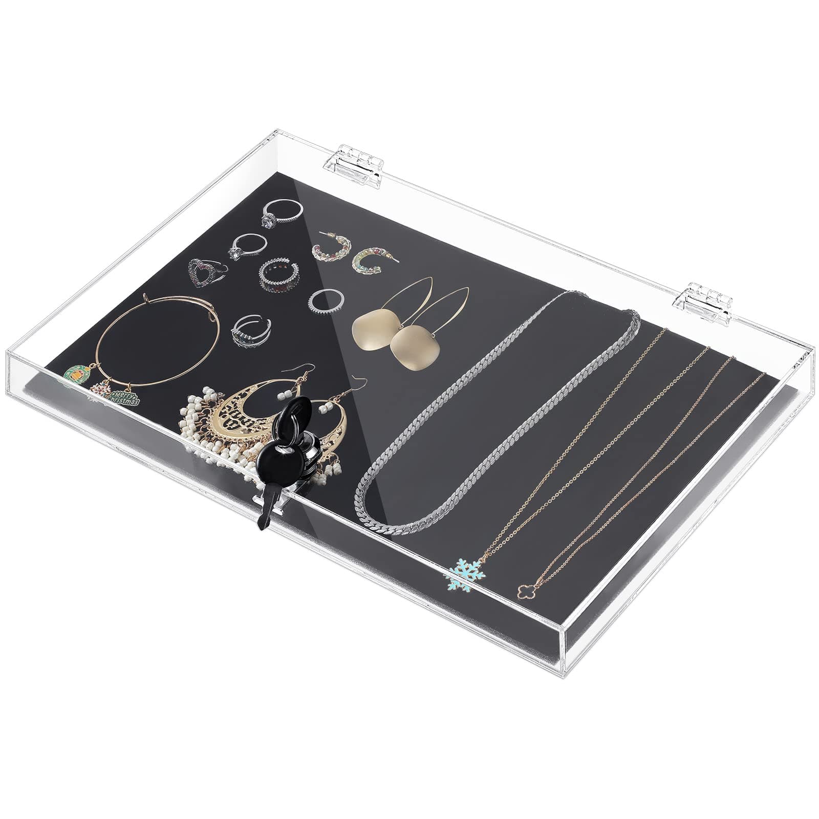 Weysat Acrylic Locking Display Case for Knife Jewelry, Clear Rectangular Display Box Security Showcase Organizer Tray with Lock Key and Padding for Jewelry Collectibles Pocket Knives