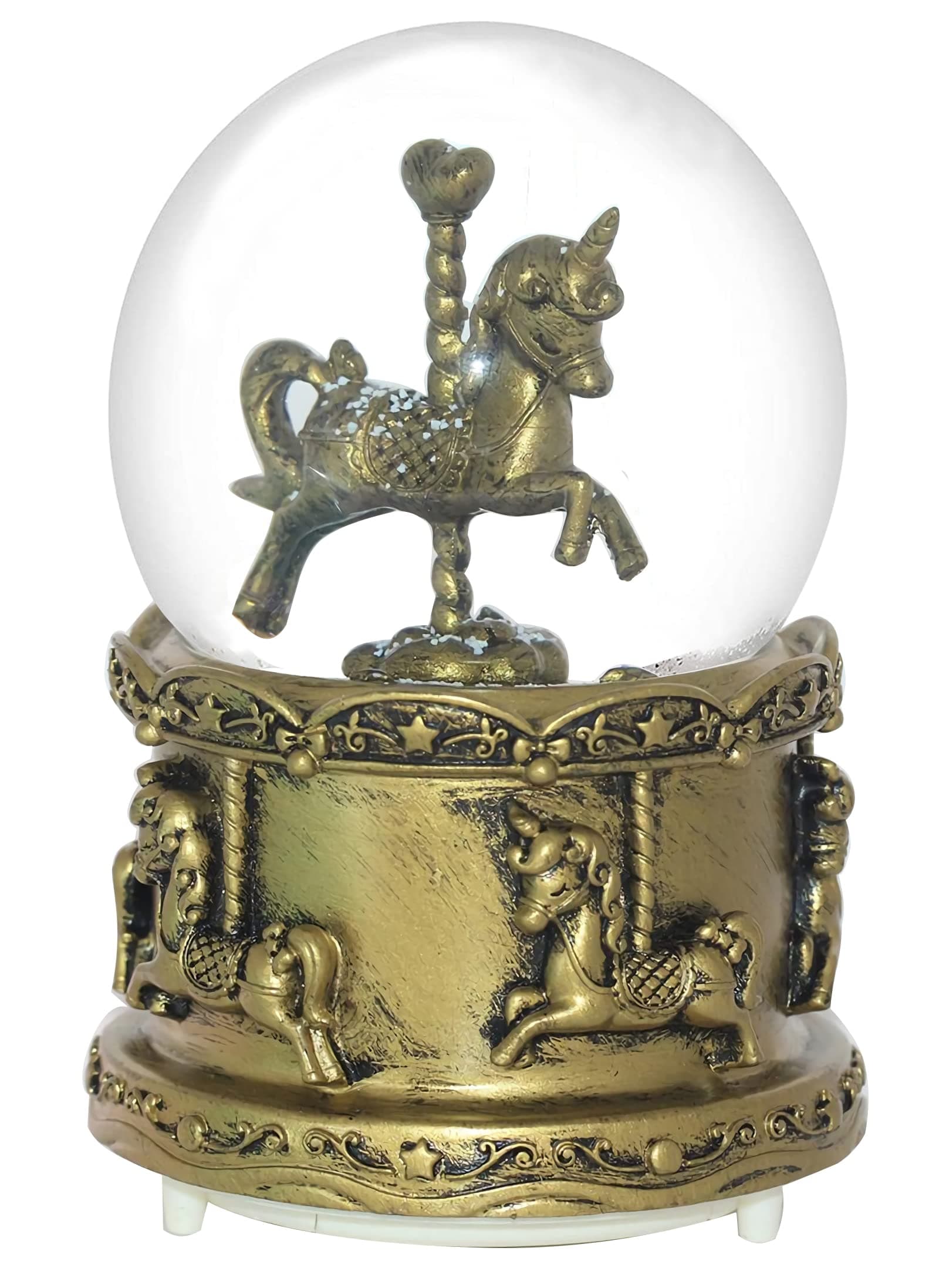 Unicorn Carousel Musical Snow Globe with Automatic Snowfall and Colorful Lights, 100MM Water Globe Music Box for Birthday Souvenirs Collection (Gold)
