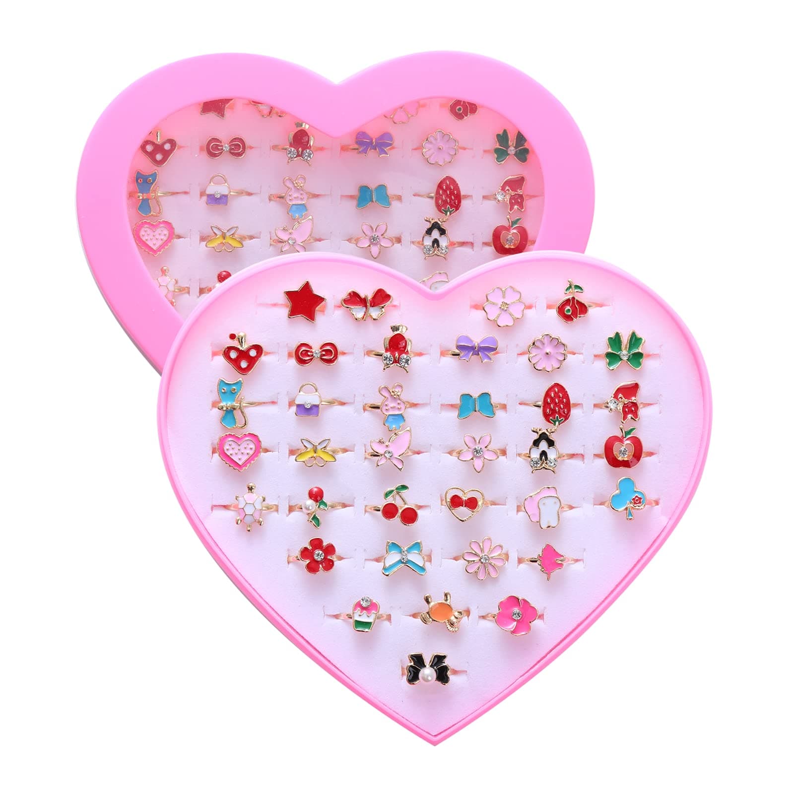 36pcs Little Girl Alloy Jewelry Rings, Adjustable, No Duplication Kids Play Ring in Box,Pretend and Dress Up Rings for 4-12 Year Old Girls Birthday Holiday Gifts, 4 5 6 7 8 9 10 11 12 Year Old Girl Toys for Kids