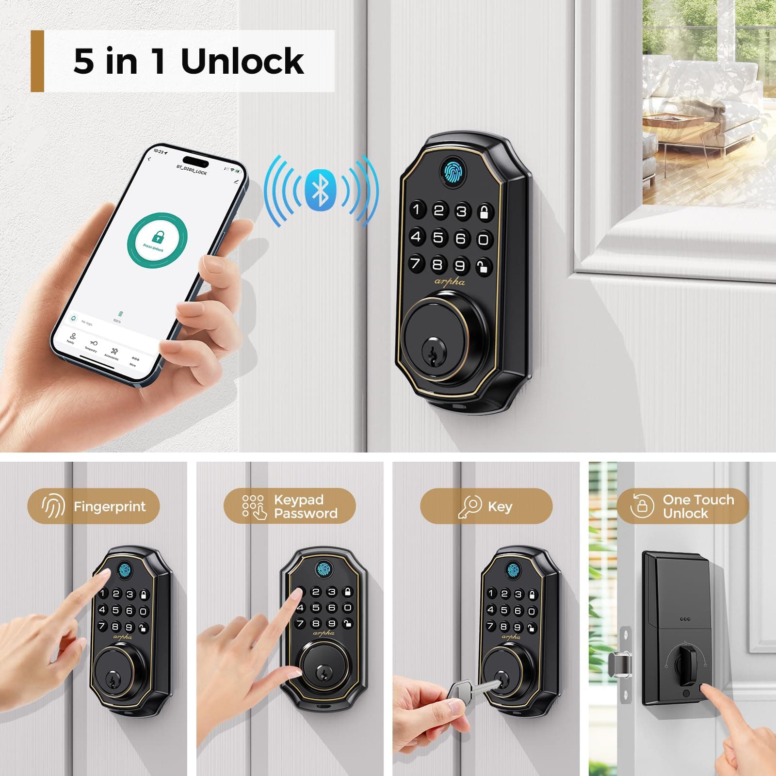 Arpha Keypad Entry Door Lock, Fingerprint Door Lock Bulet-in Temporary Password, Auto-Locking Front Door Smart Lock, App Control, Low Battery Reminder, Easy Installation, Black