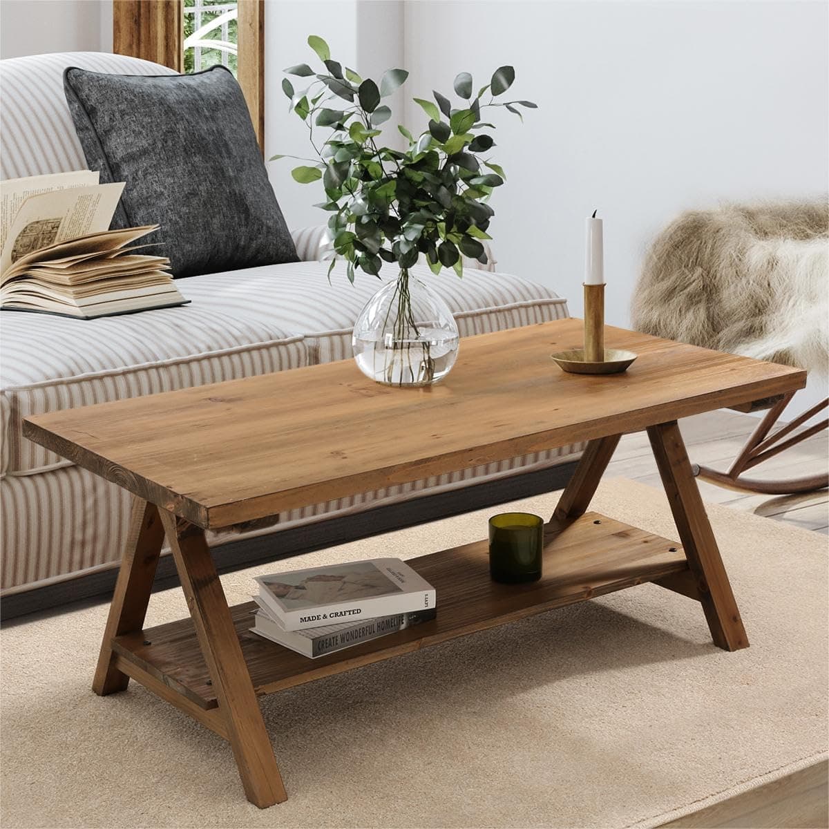 HOKYHOKY Solid Wood Coffee Table - 42.5" Firwood Farmhouse Rustic Wood Coffee Table for Living Room, Solid Wood Rectangular Coffee Table, Center Table for Living Room, Brown
