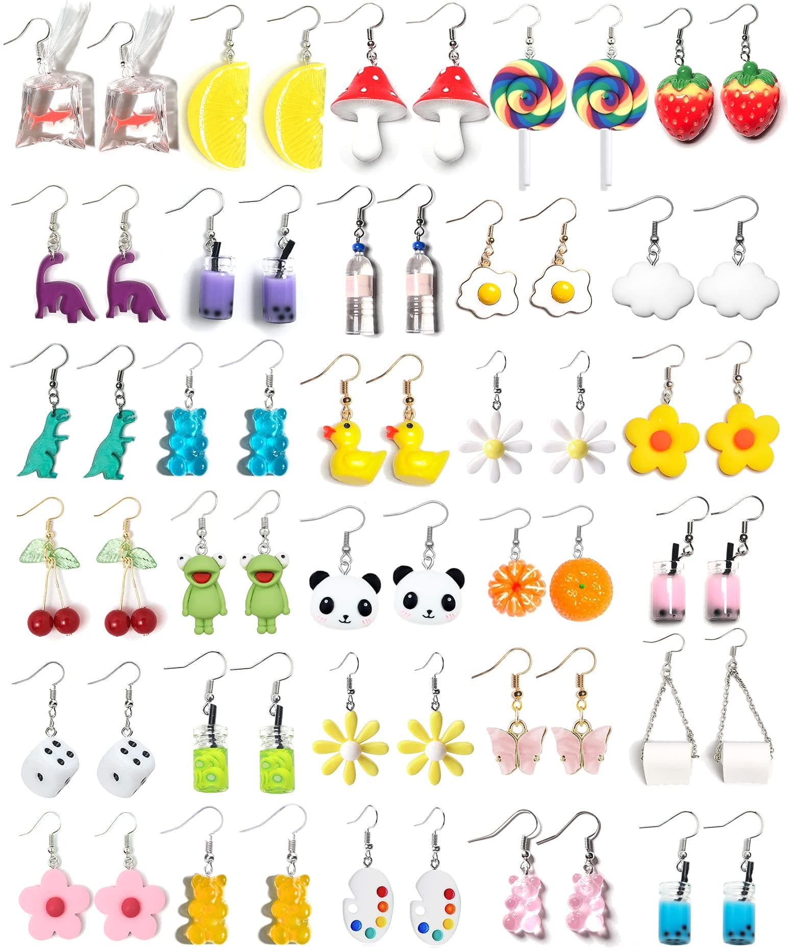 30 Pairs Cute Summer Earrings Weird Earrings Drop Dangle Earrings Frog Panda Goldfish Water Bottle Strawberry Mushroom Butterfly Cloud Flowers Dinosaur Egg Earrings for Women, Small, Resin, No