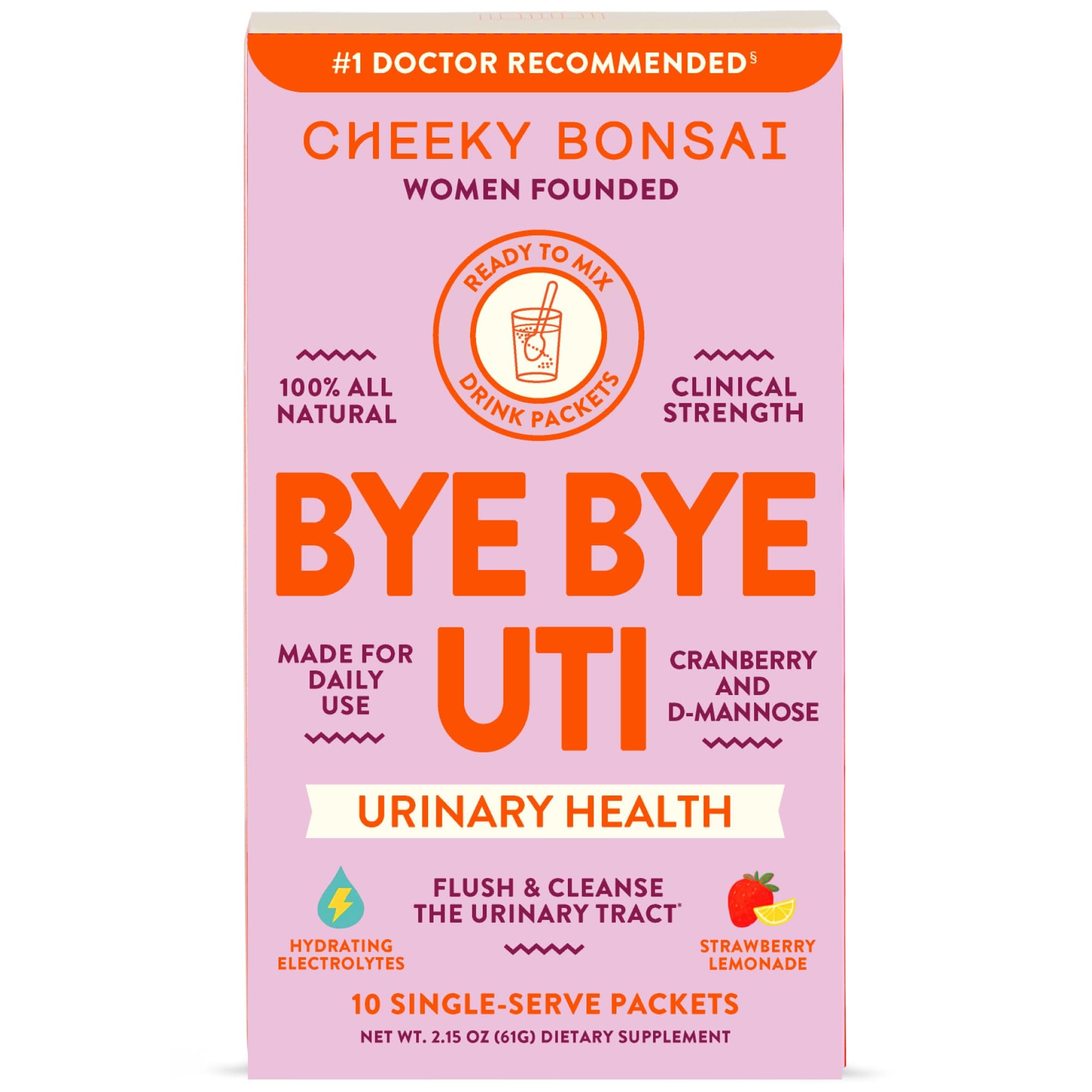 Cheeky Bonsai, Urinary Health Hydration Packets, Flush & Protect the Urinary Tract with D-Mannose, Cranberry & Electrolytes, Hibiscus Lemonade Flavor (10 Packets) No Added Sugar, Vegan and Gluten-Free