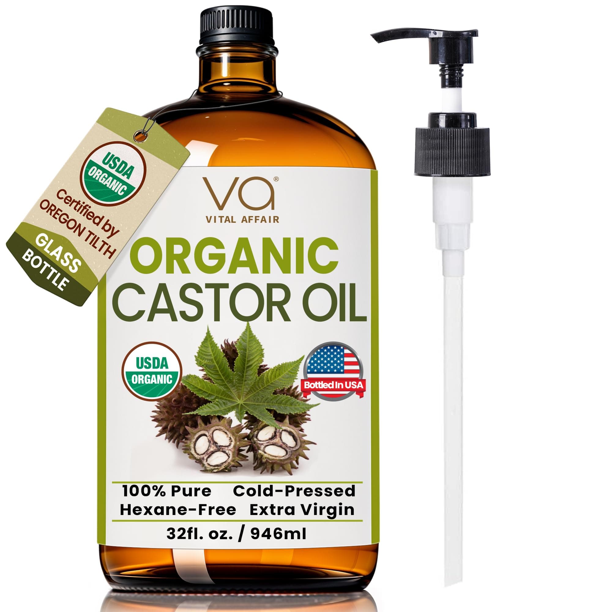 VITAL AFFAIR Pure Organic Castor Oil 32oz – Cold Pressed, Unrefined, USDA Organic – Glass Bottle for Hair Growth, Eyelashes, Eyebrows, Face & Castor Oil Packs