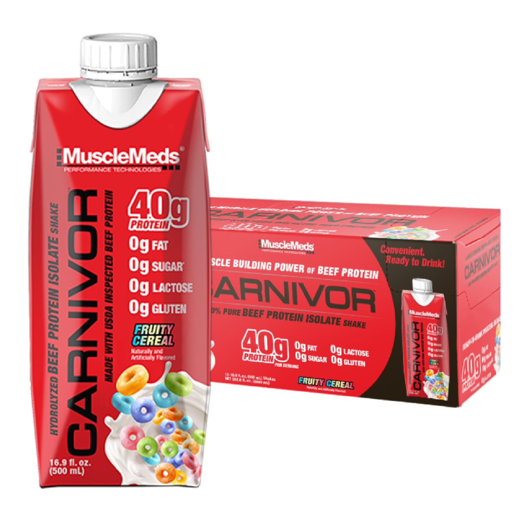 Carnivor RTD, Ready to Drink Protein, Lactose Free, Sugar Free, 40g Isolate Protein, Muscle Building, Recovery, Halal Certified, Fruity Cereal, 16.9 Fl Oz (Pack of 12)