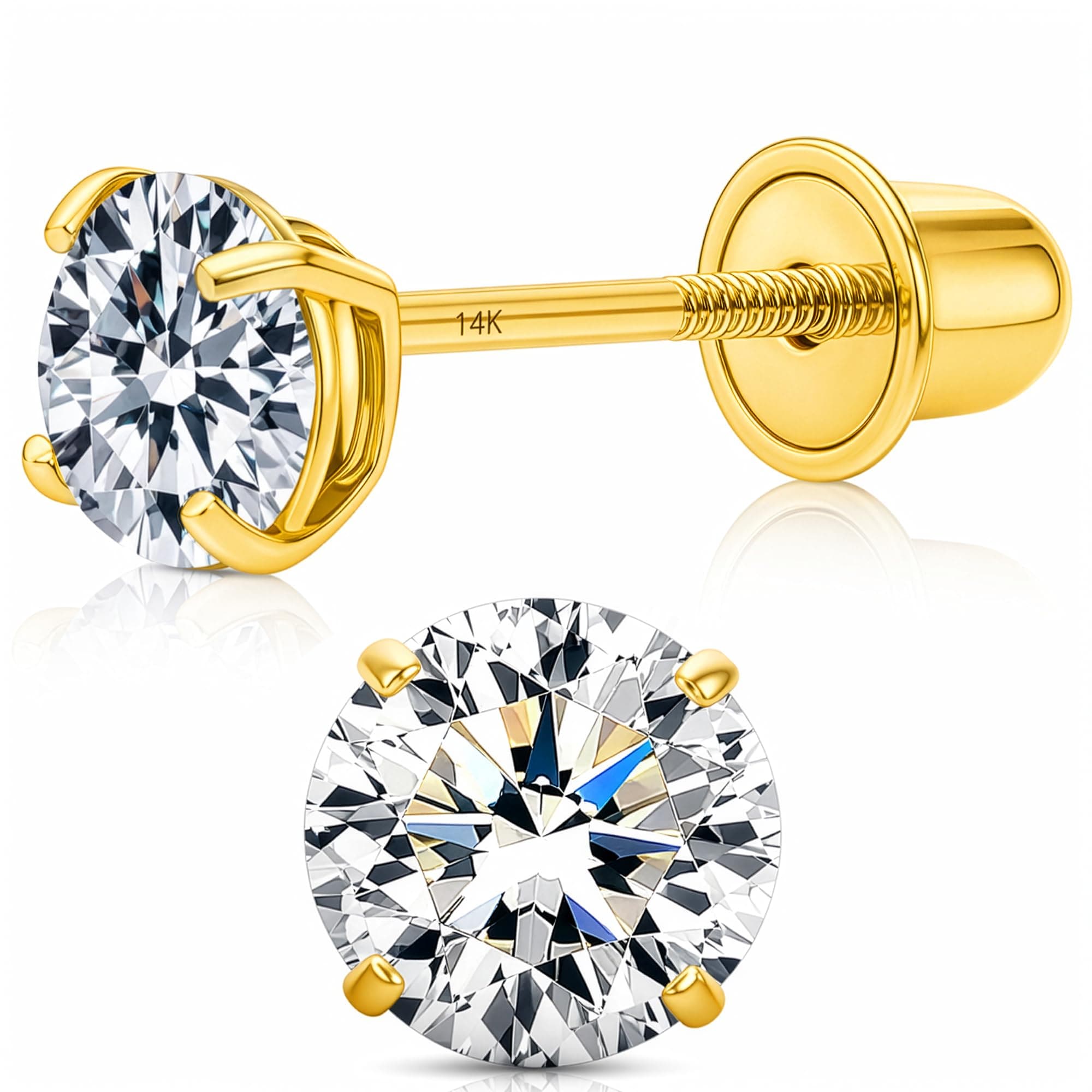 14K Solitaire Gold Earring Solid 14-Karat Round Cubic Zirconia Stud Earrings with Screw-Back, CZ Studs with Gift-Ready Box
