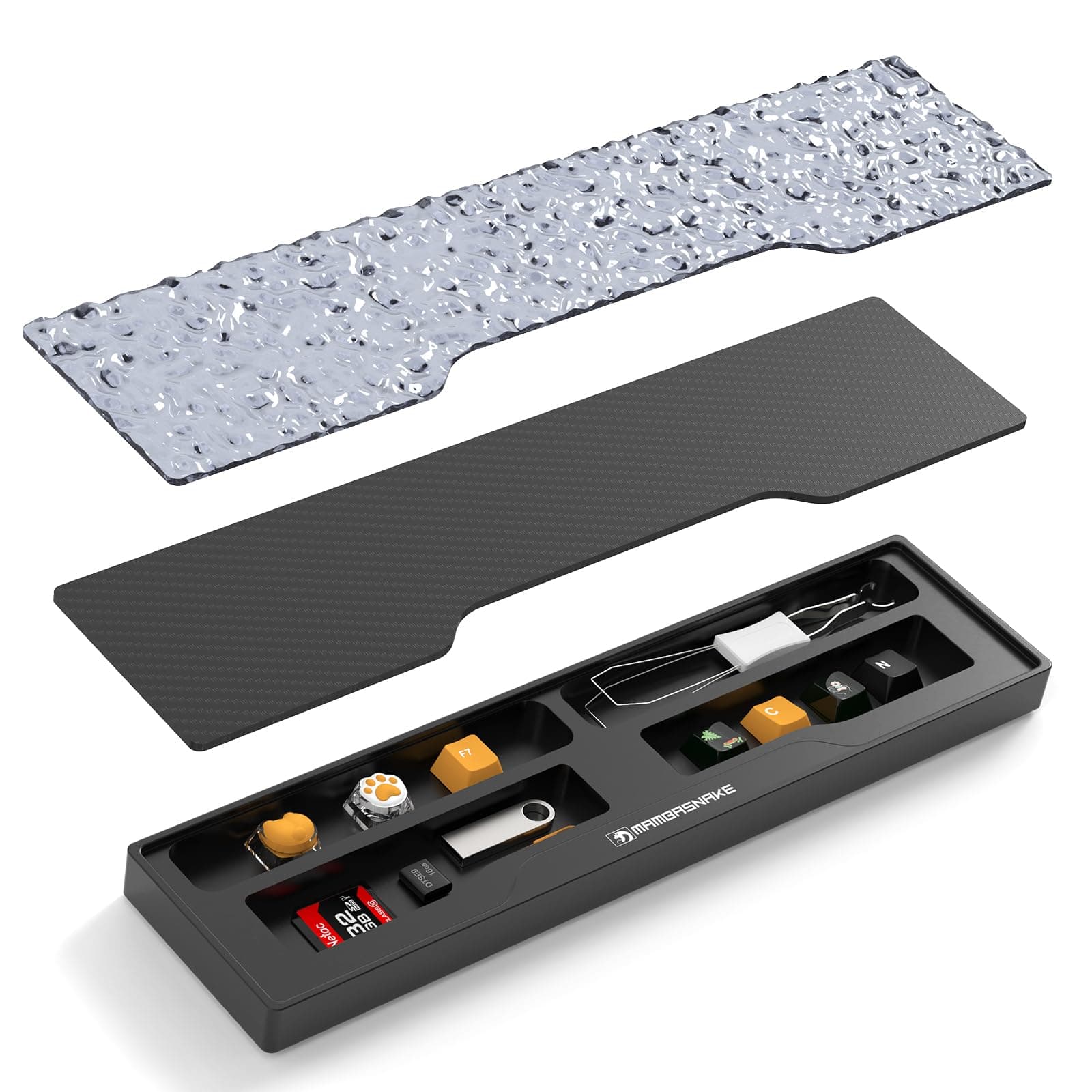 SELORSSx MANBASNAKE 68 Keys CNC Aluminum Alloy Keyboard Wrist Rest with Partition Storage Case, 2 Acrylic Top Covers, Ergonomic Non-Slip Support for Mechanical Keyboards, Ideal for Office/Home-Black