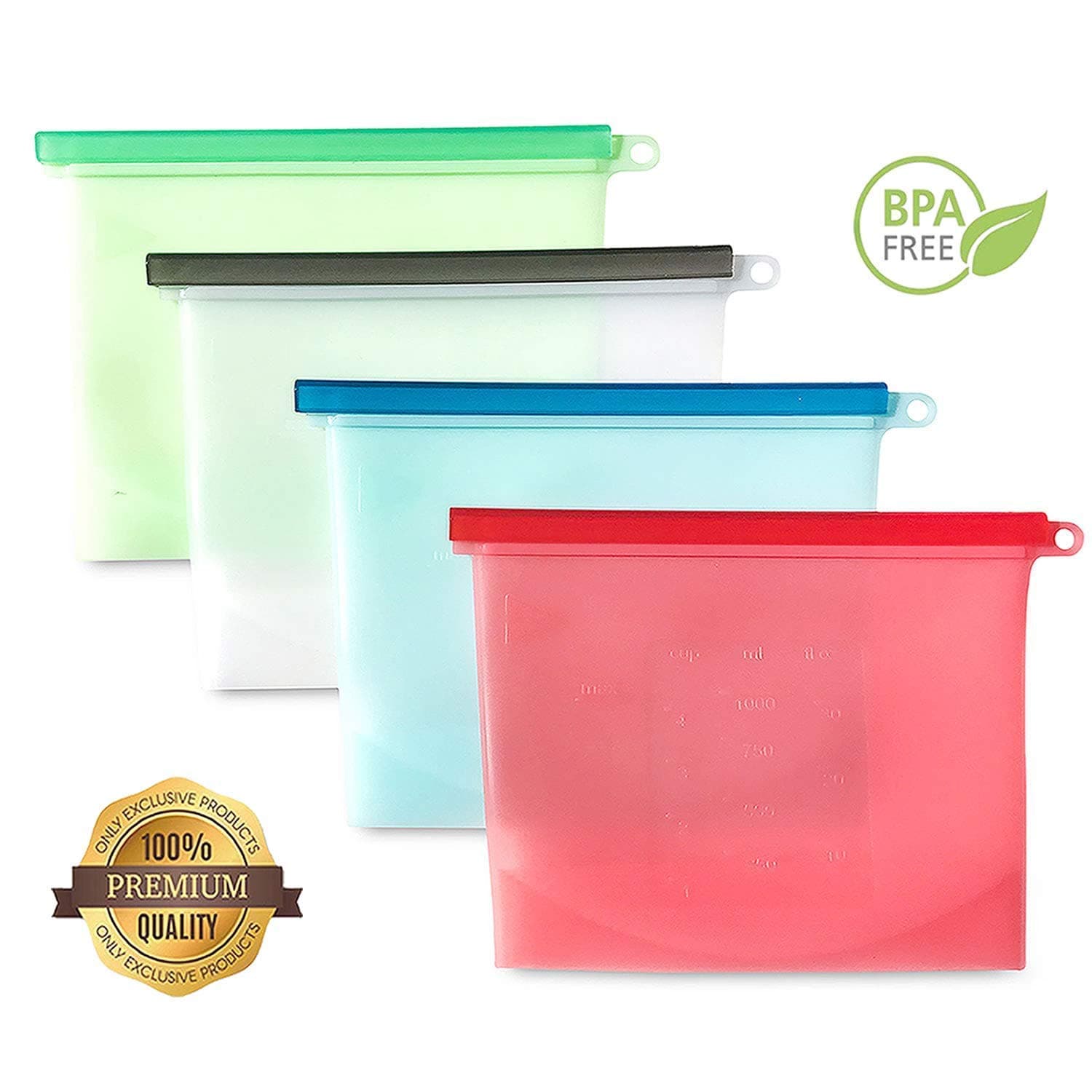 KAIMI Reusable Silicone Preservation Airtight Seal Food Storage Container Versatile Bag Kitchen Cooking Utensil (4pcs) BPA Free Lunch, Snack, Sandwich, Sous Vide, Baby Food Prep. (Set of 4)