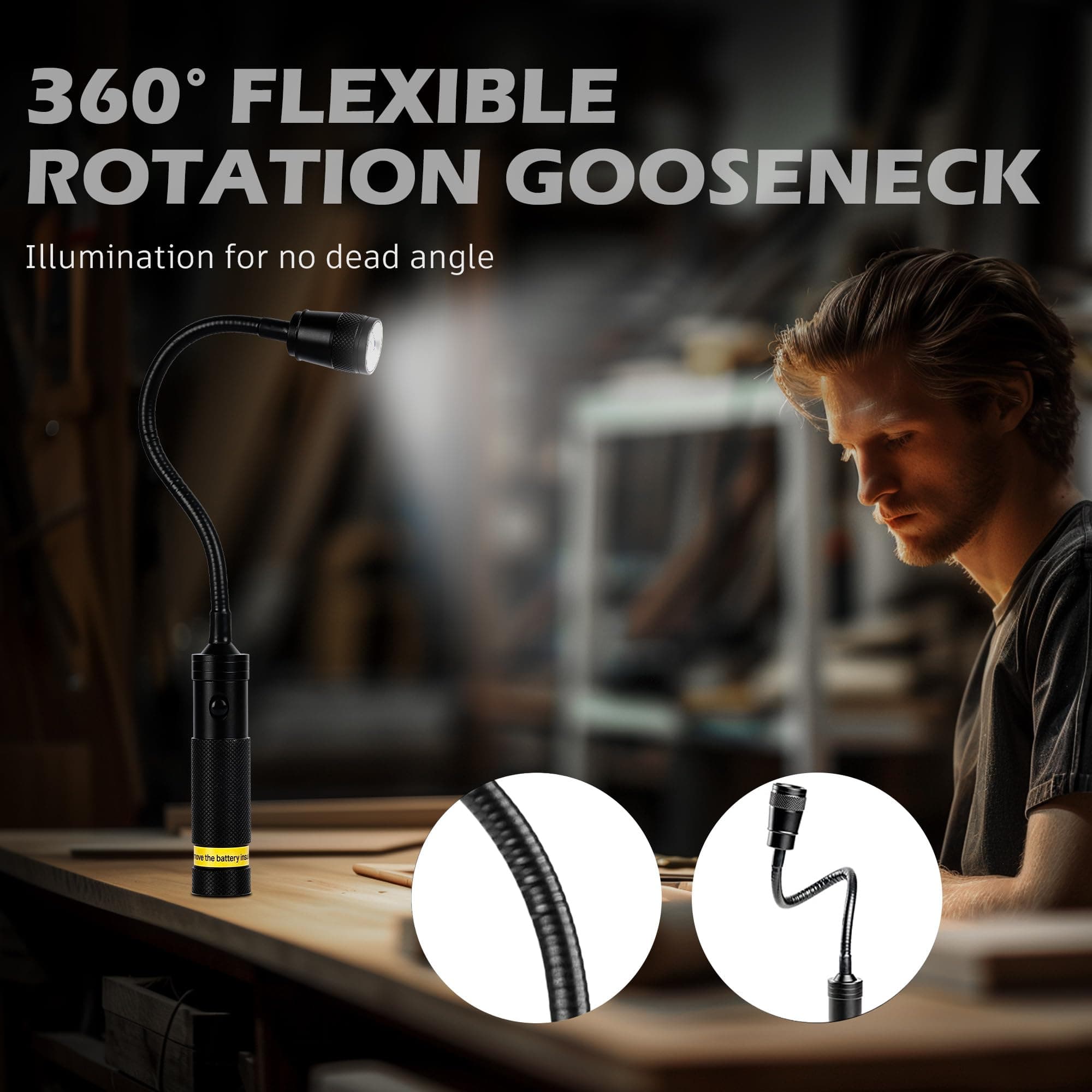 LED Work Light, 500 Lumen Gooseneck Magnetic Light, Zoomable Flexible Led Flashlight, Waterproof Job Site Light for Work Bench, Auto-Repairing, Inspection, Emergency