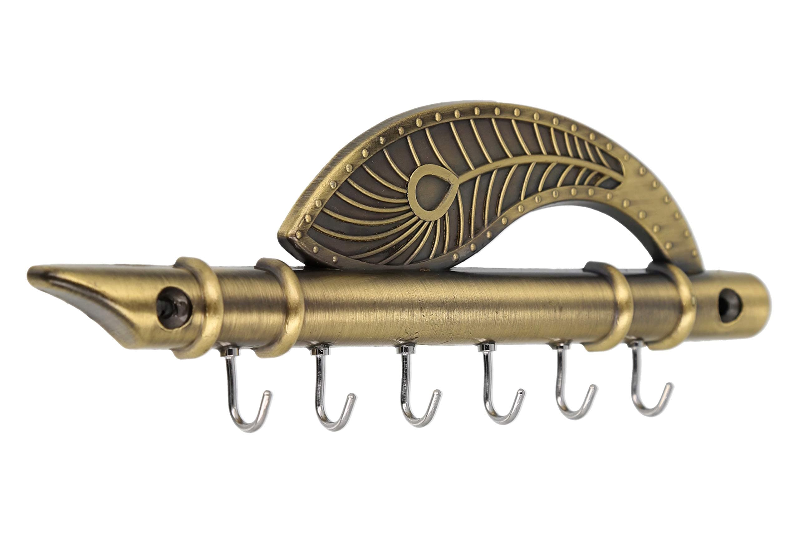Lord Krishna'S Flute & Peacock Quills Key Stand Key Holder for Home & Office, Antique Brass, Zinc, 6 Hooks, 18.5 X 6 cm