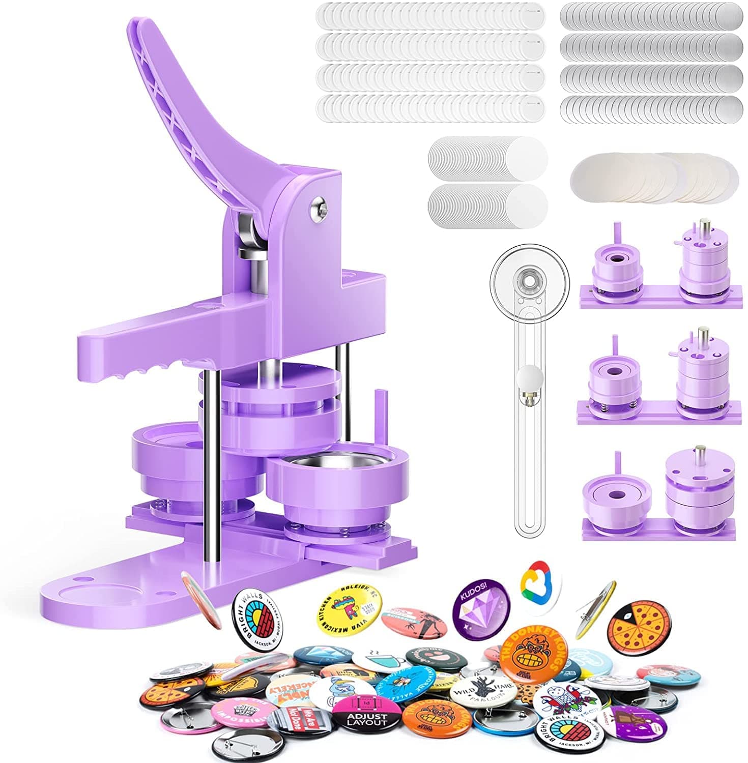 300pcs Button Pin Maker Machine Multiple Sizes 1''+1.25''+2.25'' Badge Button Press Machine W/Metal Pinback Button Refills & 3 Button Making Dies & 3pcs Circle Cutter - Pin Press Kit for DIY Button