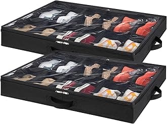 Lifewit Under Bed Shoe Storage Organizer Set of 2, 4.3 Inches Tall Low Profile Fabric Shoes Container Box with Clear Cover, Foldable Storage Bag with 2 Handles, Total Fits 24 Pairs of Shoes, Black
