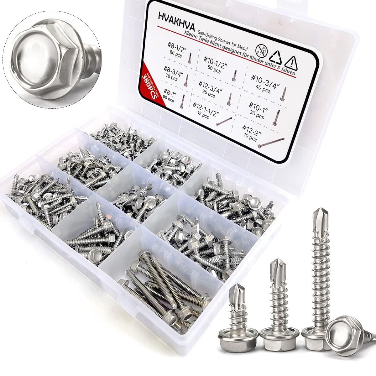 410 Stainless Steel Self Tapping TEK Screws Assortment,#8#10#12 Hex Head Self Drilling Screws for Metal