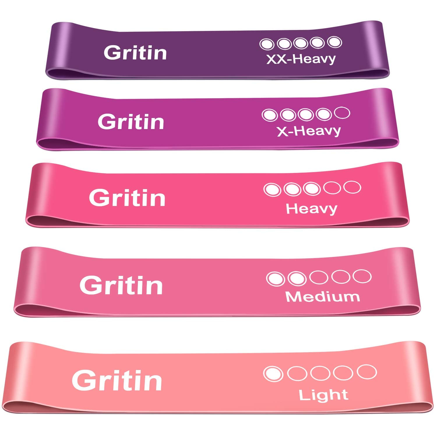 Gritin Resistance Bands, Set of 5 Skin-Friendly Resistance Fitness Exercise Loop Bands with 5 Different Strength Levels - Carrying Case Included - Ideal for Home, Gym, Yoga, Training